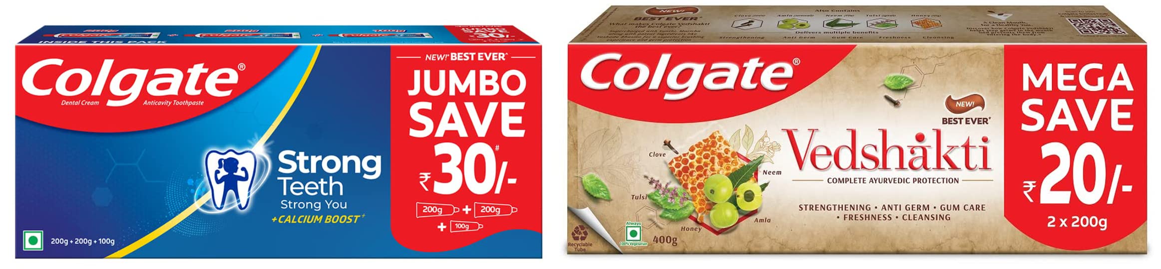 Colgate toothpaste combo with Strong Teeth and Ayurvedic tubes