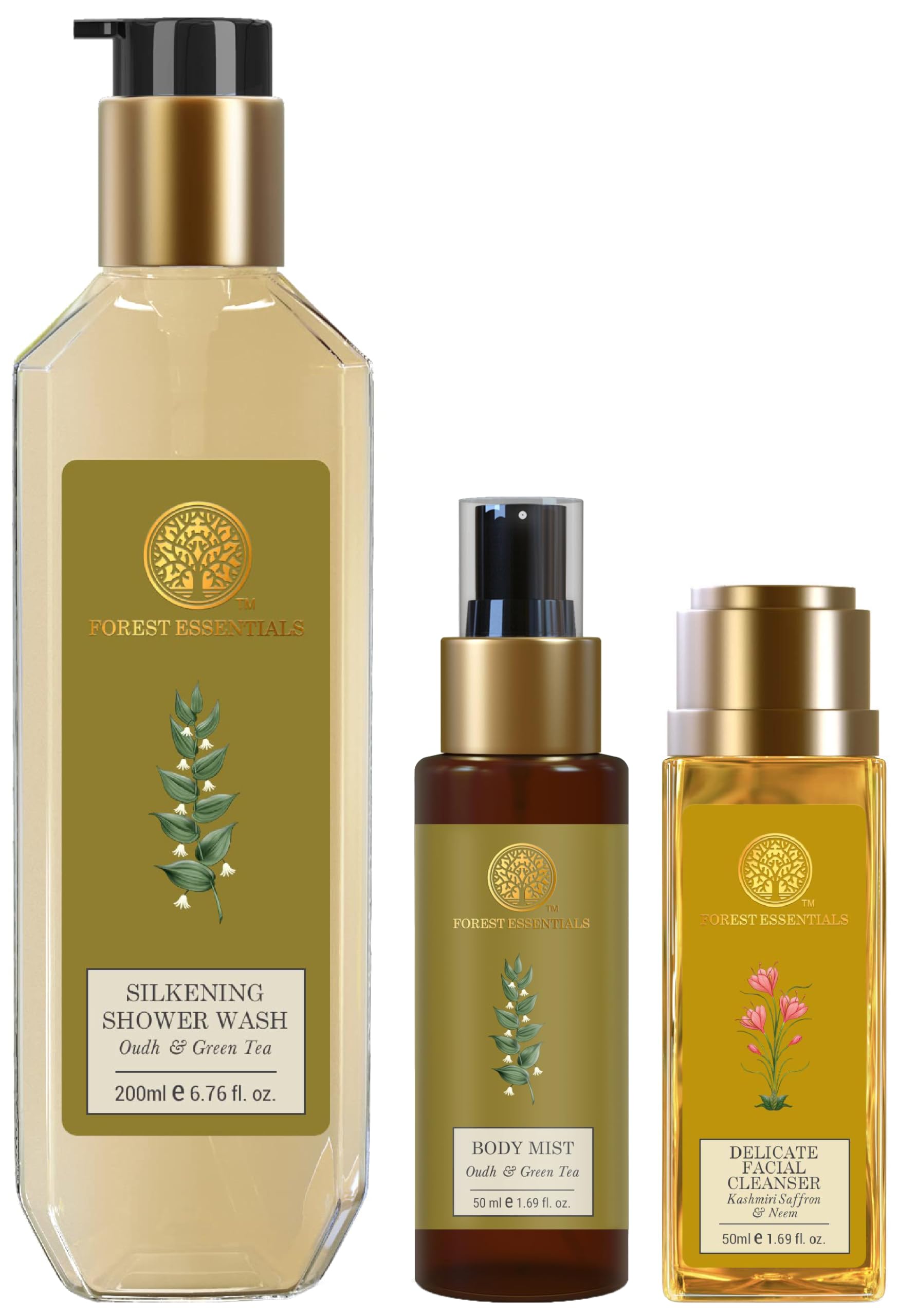 Forest Essentials body and face care bottles with travel body mist