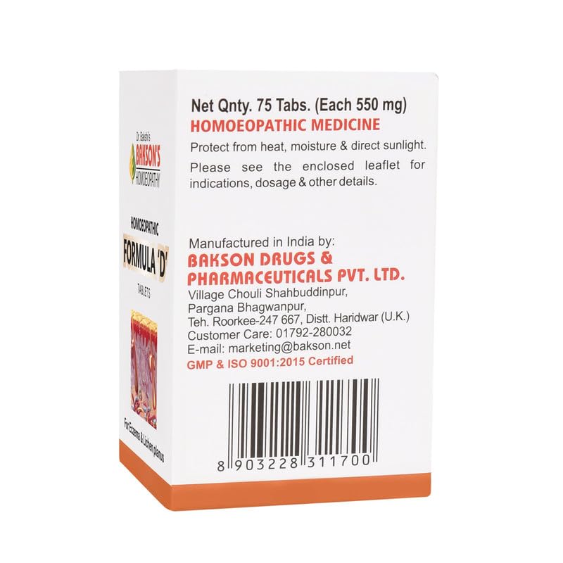Dr. Bakshi's BAKSON'S HOMOEOPATHIC Formula 'D' Tablets- 75 Tablets – view 3