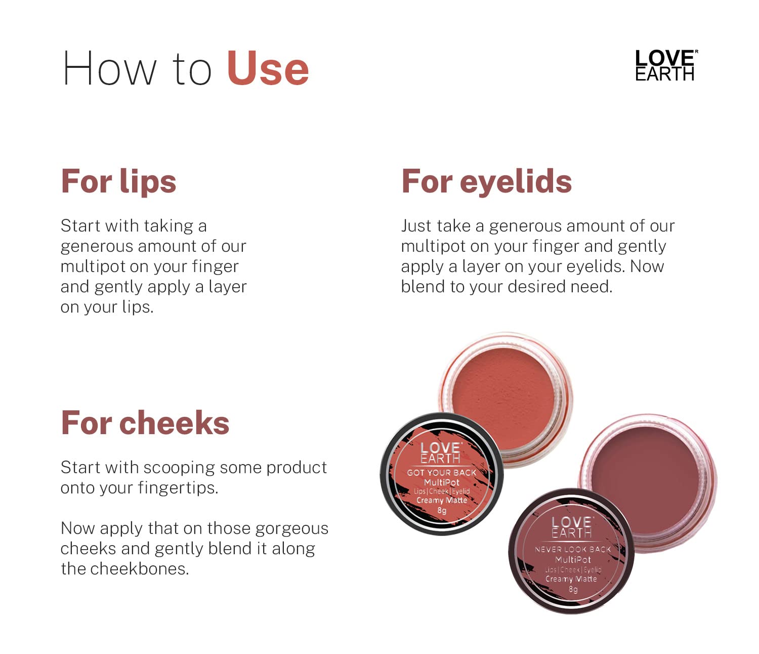 Love Earth Lip Tint & Cheek Tint Multipot Combo (Coral & Ruby Pink) with Richness of Jojoba Oil and Vitamin E for Lips, Eyelids and Cheeks – view 6