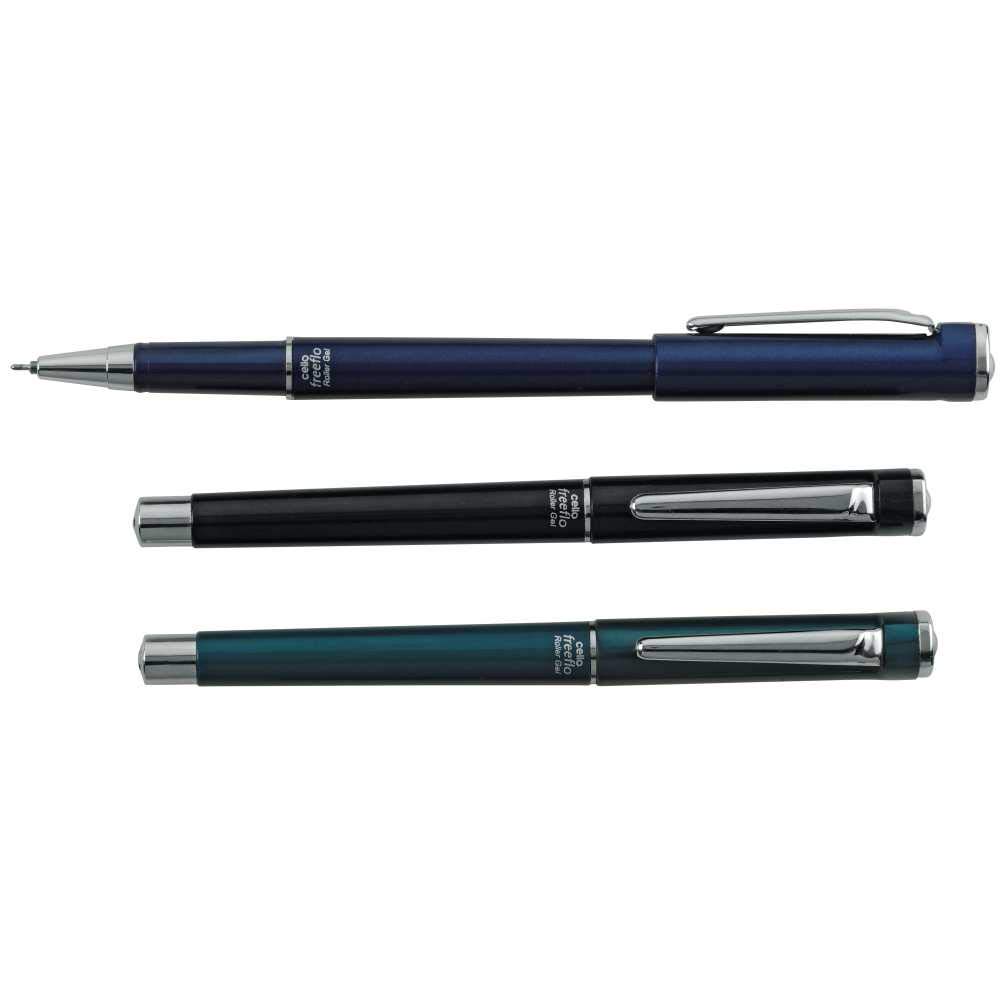 Blue Cello Freeflo rollerball pens pack showing capped round bodies