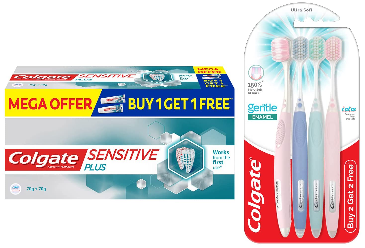 Colgate Gentle Enamel Ultra Soft Bristles Manual Toothbrush for adults, 4 Pcs & Colgate Sensitive Plus Toothpaste, With Pro Argin Formula for Sensitivity Relief, 70gm (Buy 1 Get 1 Free) – view 1