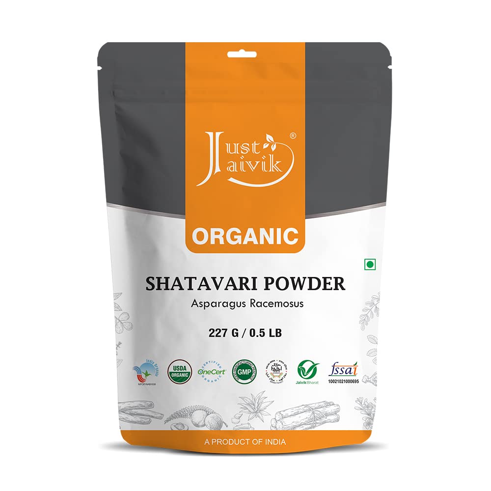 Front view of Just Jaivik organic shatavari powder 227 g bag