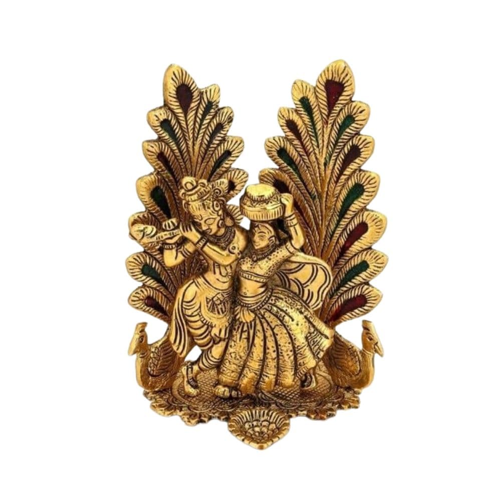 Collectible India Peacock Design Radha Krishna Idol Showpiece with Diya for Puja and Home Decor (7 x 5 Inches), Metal, Gold (1 Piece) – view 2