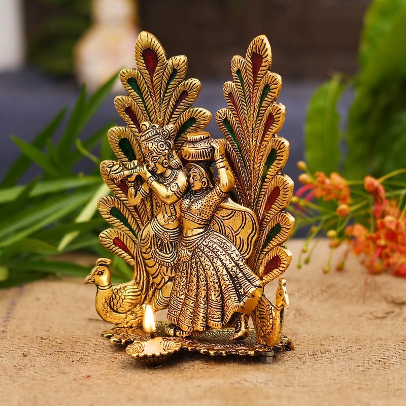 Collectible India Peacock Design Radha Krishna Idol Showpiece with Diya for Puja and Home Decor (7 x 5 Inches), Metal, Gold (1 Piece) – view 3
