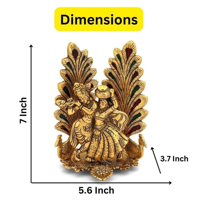 Collectible India Peacock Design Radha Krishna Idol Showpiece with Diya for Puja and Home Decor (7 x 5 Inches), Metal, Gold (1 Piece) – view 4