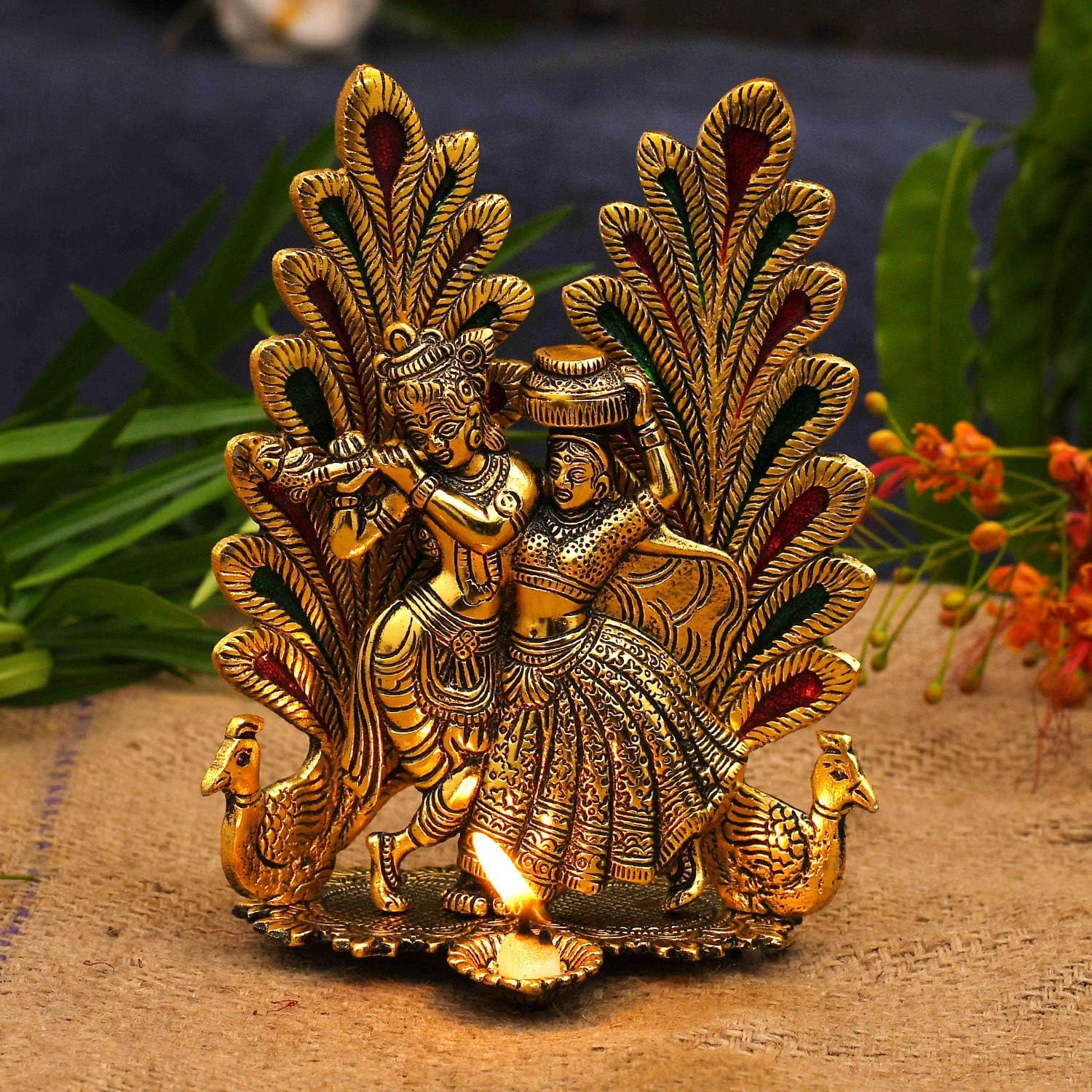 Collectible India Peacock Design Radha Krishna Idol Showpiece with Diya for Puja and Home Decor (7 x 5 Inches), Metal, Gold (1 Piece) – view 5