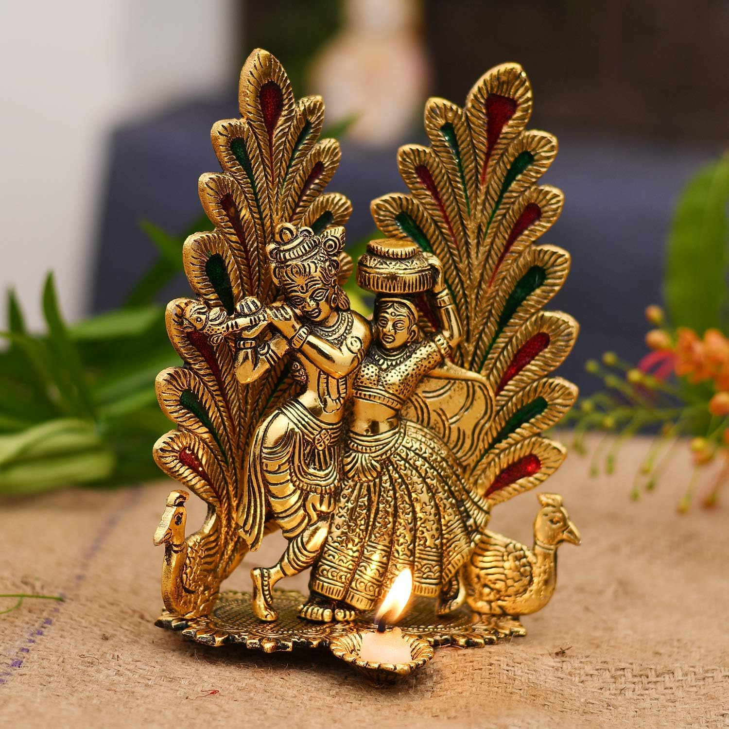 Collectible India Peacock Design Radha Krishna Idol Showpiece with Diya for Puja and Home Decor (7 x 5 Inches), Metal, Gold (1 Piece) – view 6