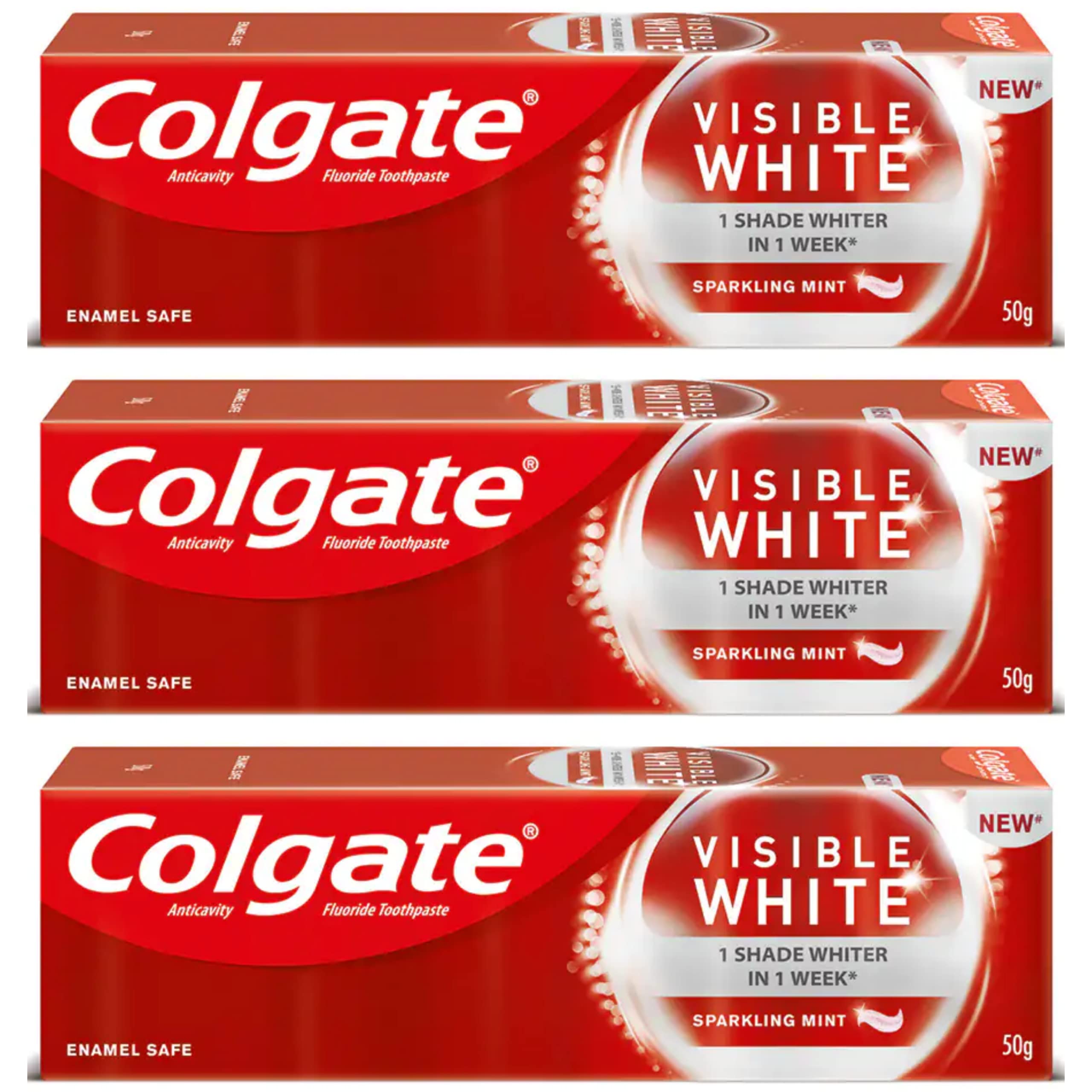 Colgate Visible White Sparkling Mint toothpaste pack with three tubes