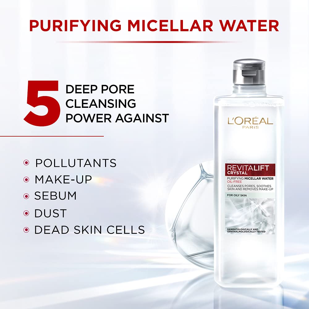 L'Oréal Paris Purifying Micellar Water, Cleanses pores and Removes Makeup, With Oil-Free Technology, Revitalift Crystal, 400ml – view 2