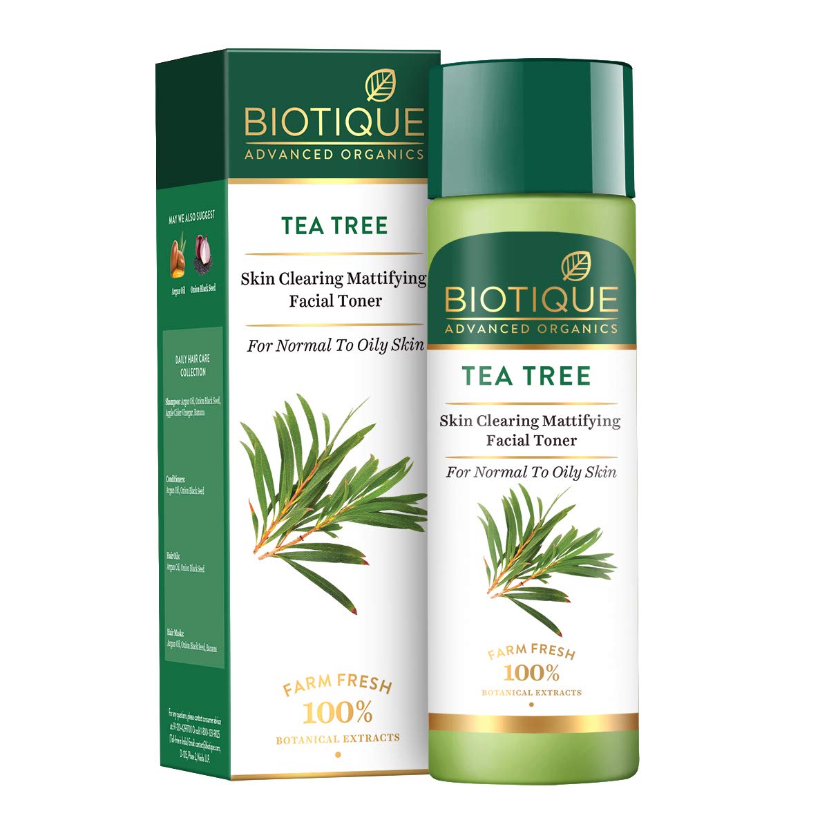 Alcohol-free Biotique tea tree toner bottle, 120 ml front view