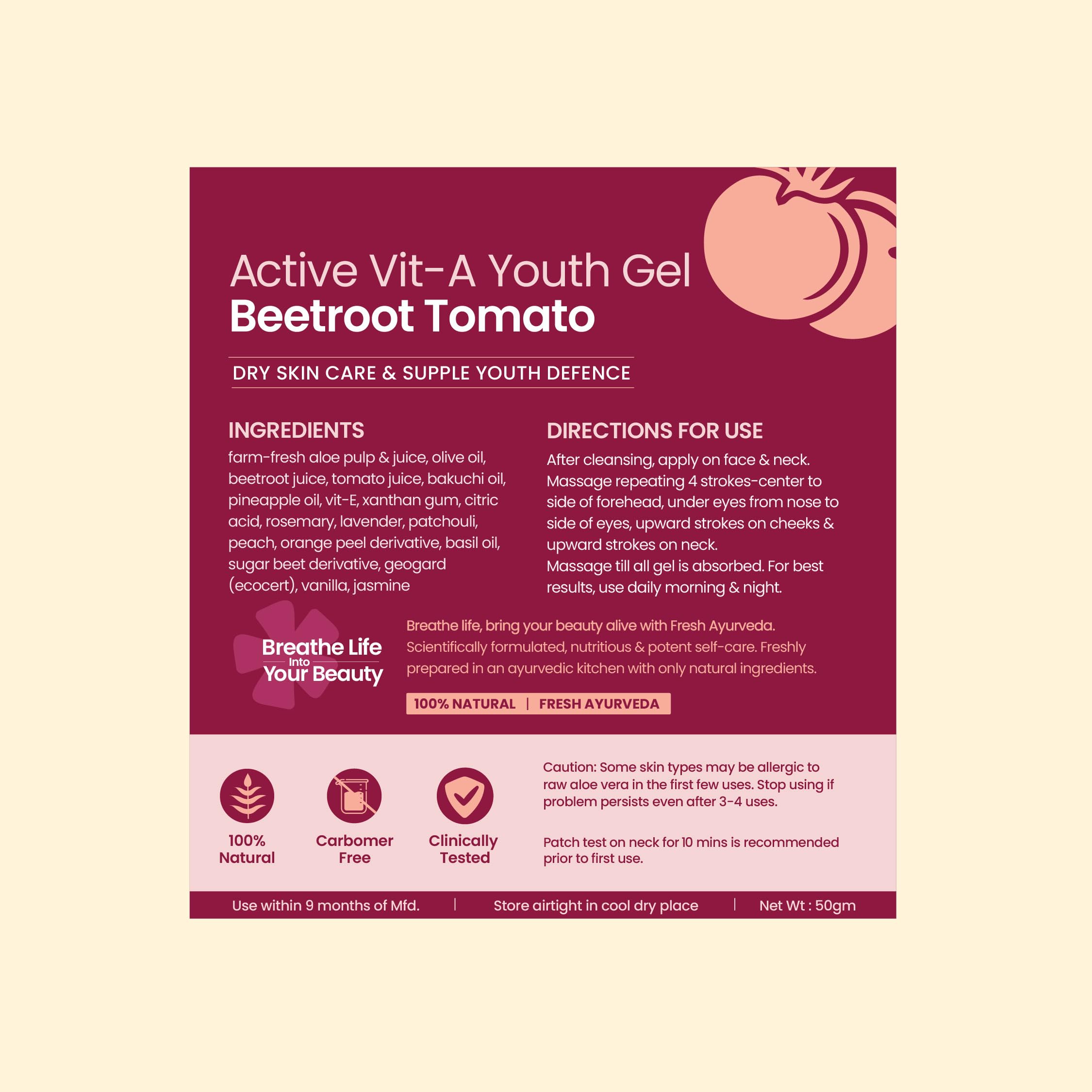 Nat Habit Active Face Gel, Beetroot Tomato Vit-A For Dry Skin Care & Supple Youth Defence With Cooling, Soothing, SunBurn Healing & UV Protection, 50gm – view 9