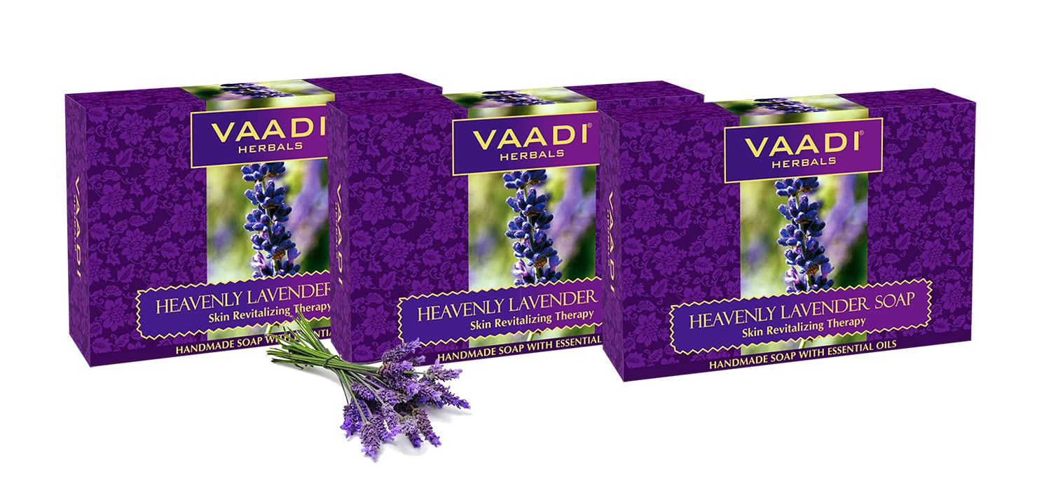 Boxed pack of three Vaadi Herbals lavender soap bars