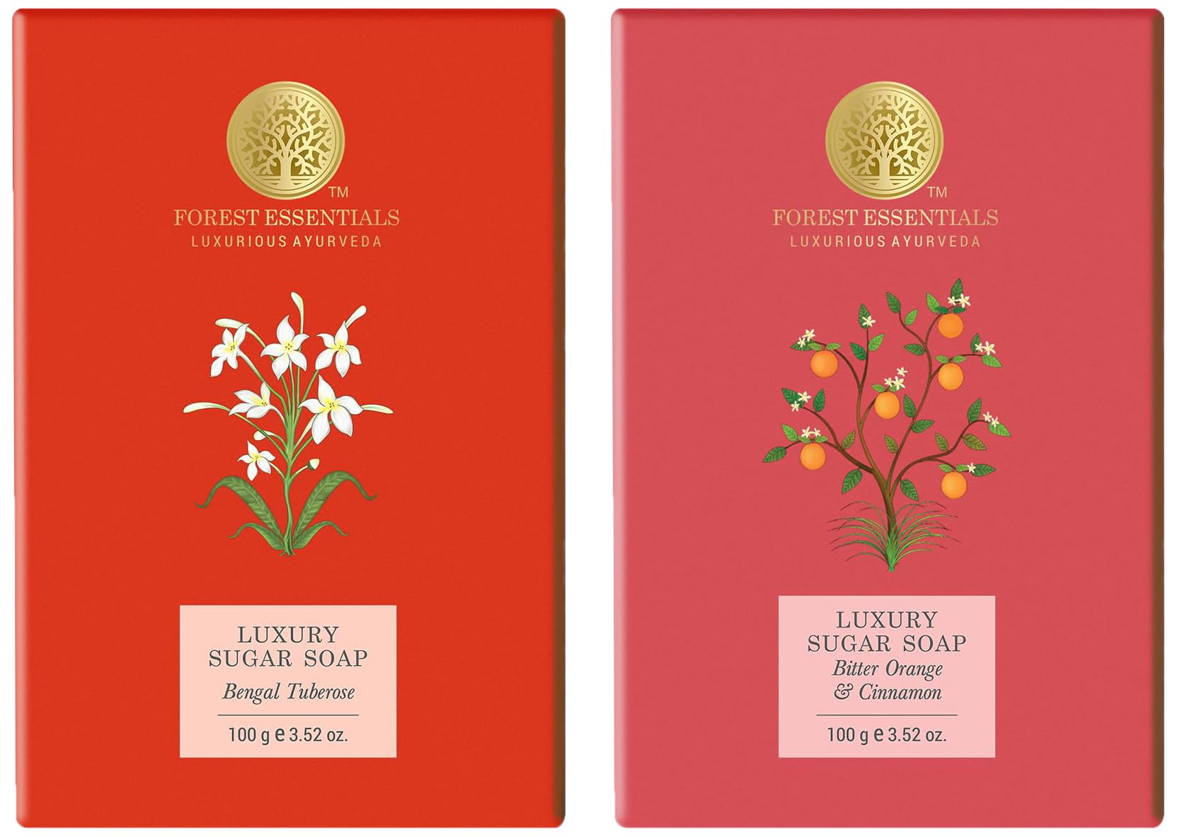 Boxed Forest Essentials sugar soap combo with Bengal Tuberose and Bitter Orange Cinnamon