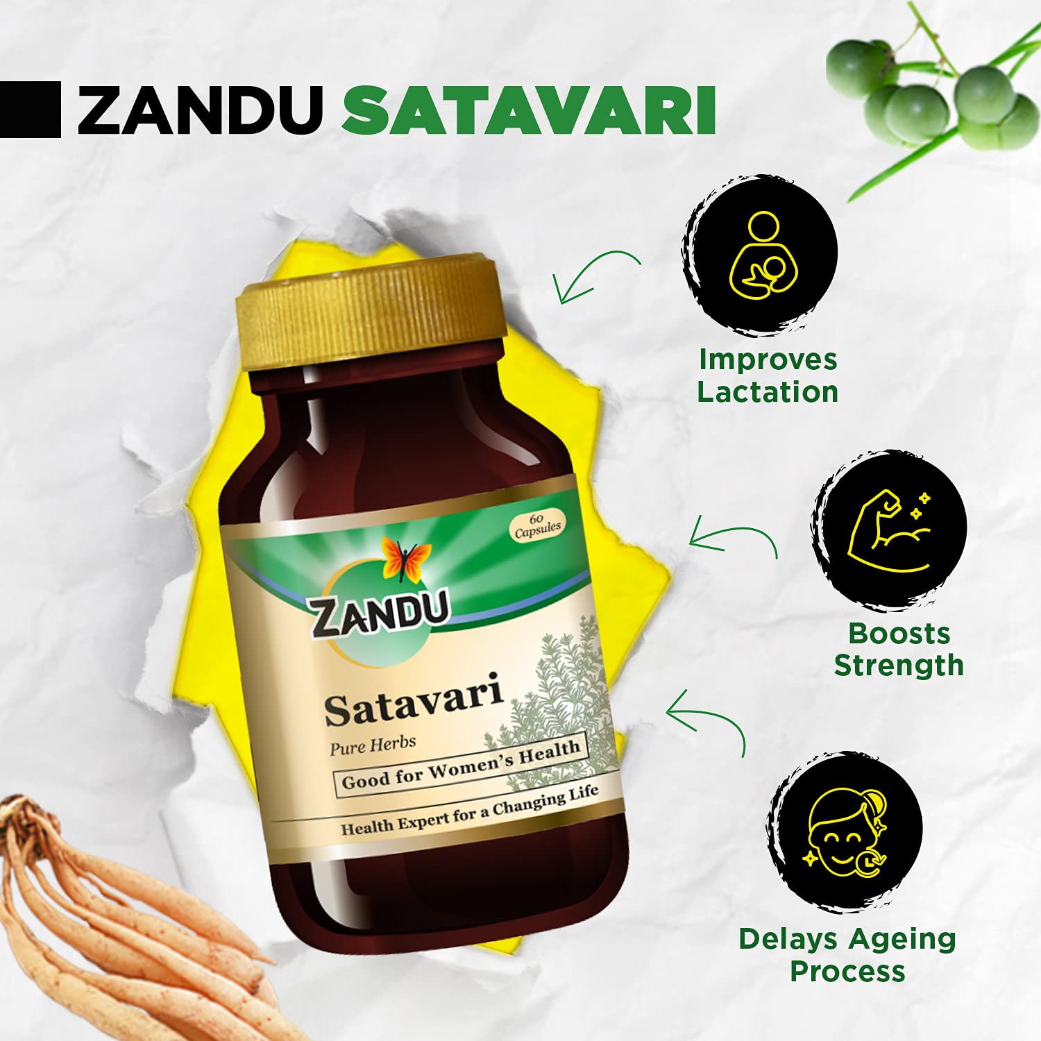 Zandu Satavari Capsules, With Natural Satavari Extracts, Useful for Women's Wellness - 60 Veg Capsules – view 3