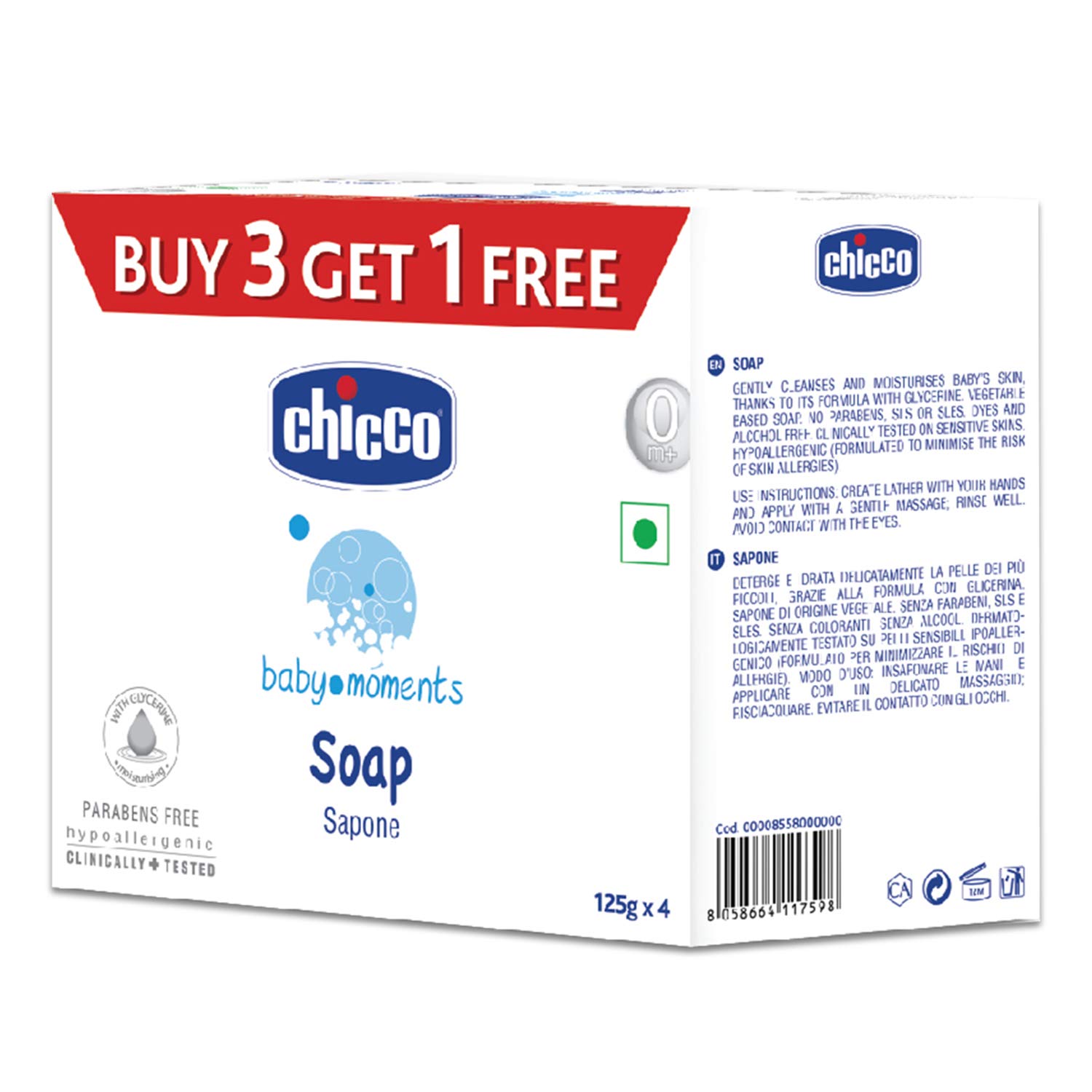 Four white Chicco baby soap bars with aloe vera scent