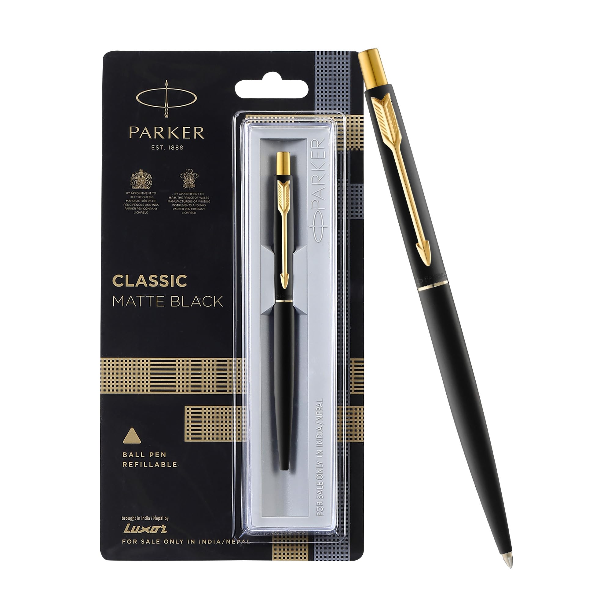 Luxor Parker Classic matte black gold trim blue ink ball pen