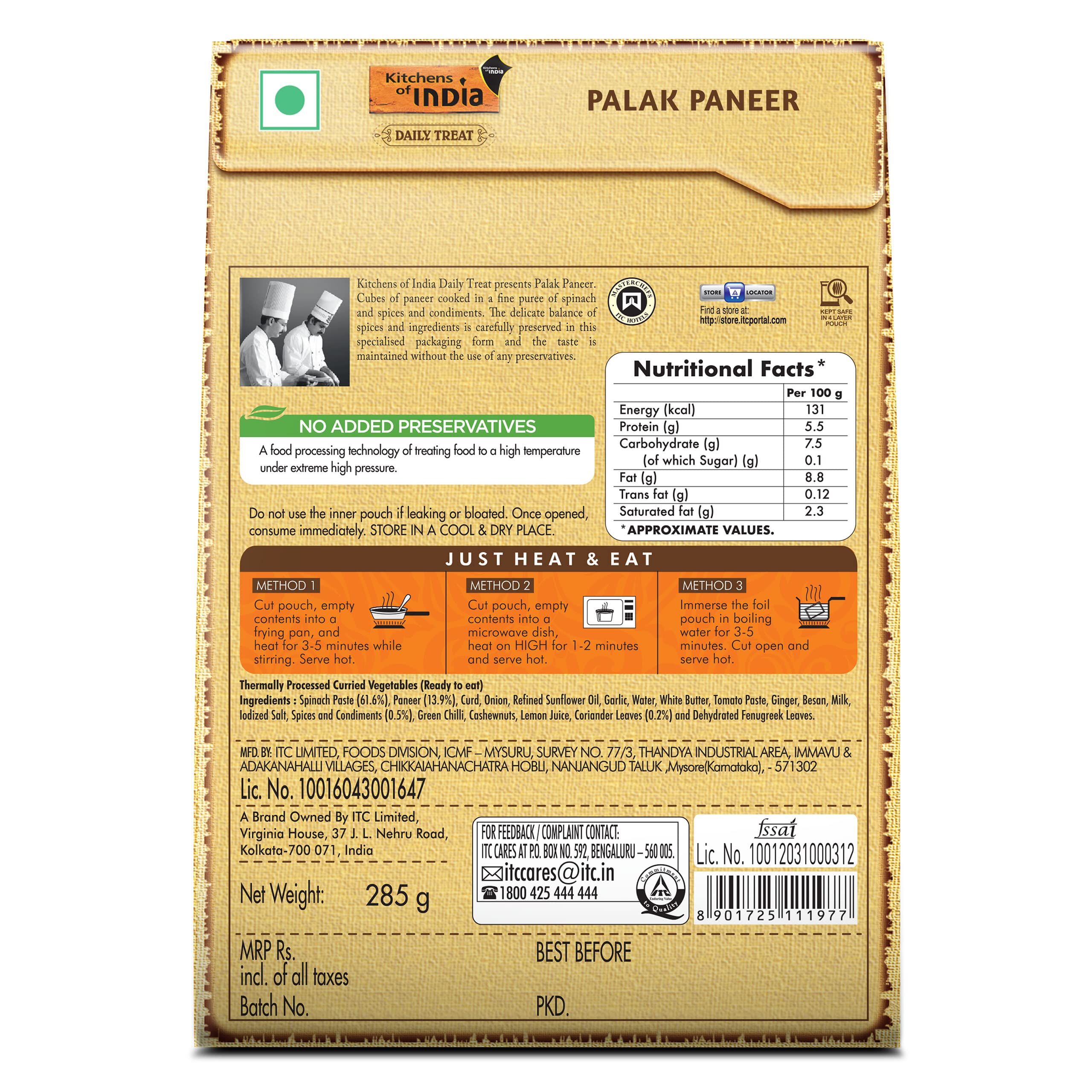 Kitchens of India Daily Treat Ready Meals - Palak Paneer, 285g – view 2