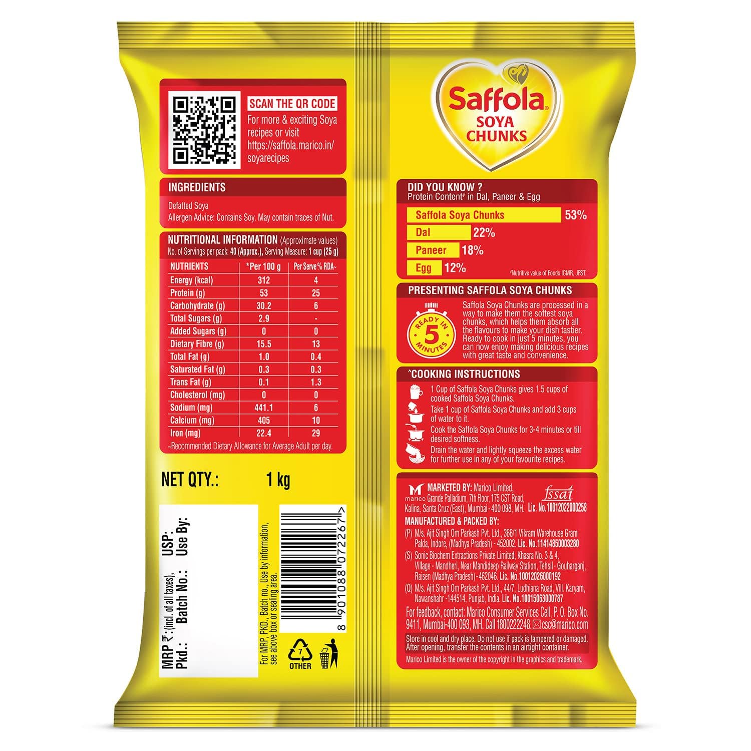 Saffola Soya Chunks, Tender & Juicy, 53% Protein, 1kg – view 2