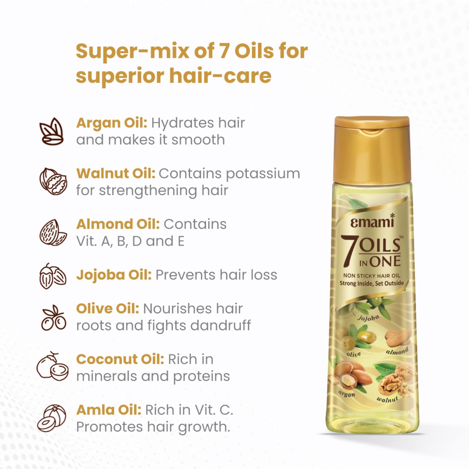 Emami 7 Oils In One Non Sticky & Non Greasy Hair Oil, 20 Times Stronger Hair, Nourishes Scalp With Goodness of Almond Oil, Coconut Oil, Argan Oil & Amla Oil, 500ml – view 4
