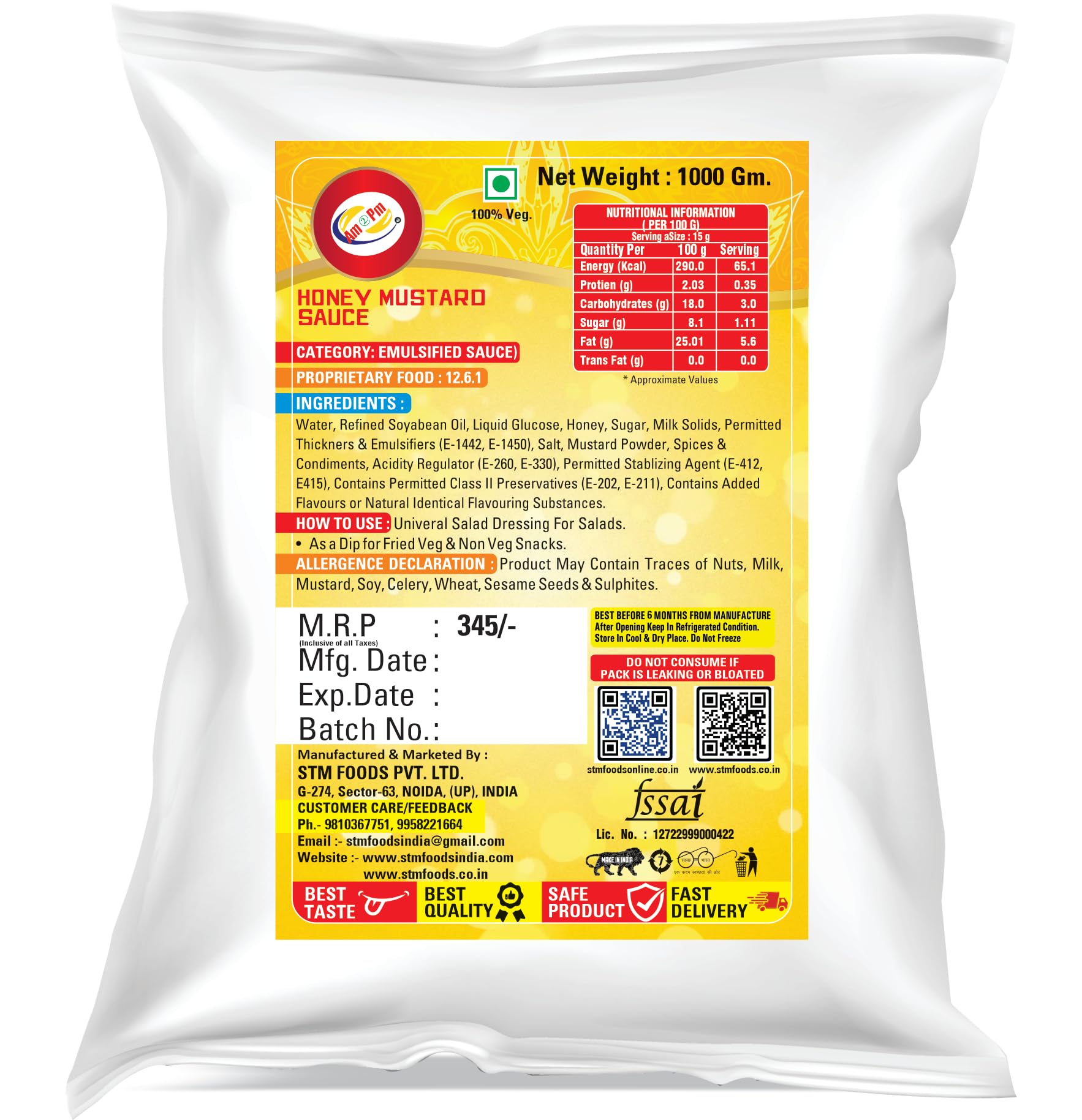 Am 2 Pm - Honey Mustard Sauce Dressing & Dips, Tangy,Sweet & Spread Used in French Fries, Sandwiches and Salad -1Kg – view 2