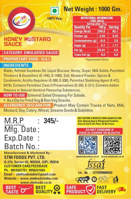 Am 2 Pm - Honey Mustard Sauce Dressing & Dips, Tangy,Sweet & Spread Used in French Fries, Sandwiches and Salad -1Kg – view 3