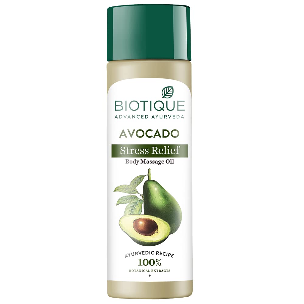 Bottle of Biotique avocado body massage oil for dry skin