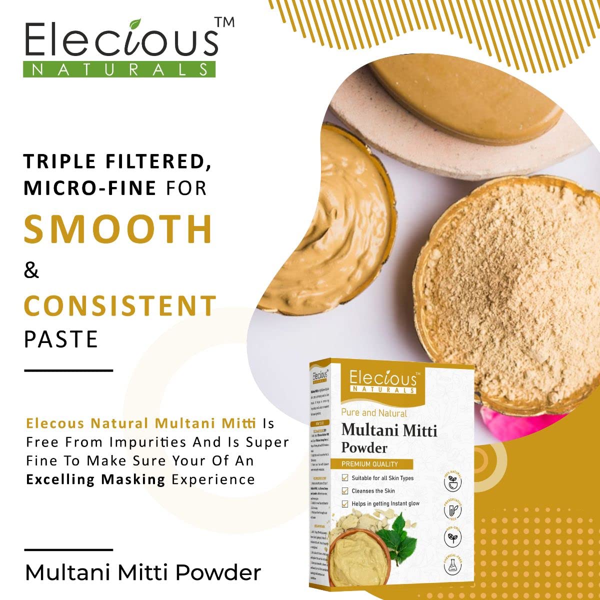 Elecious 100% Natural Multani Mitti powder for Exfoliating, Soothing, Nourishing, Smoothening Face, Skin and Hair Fuller's Earth, Bentonite Clay (200 Grams) – view 2