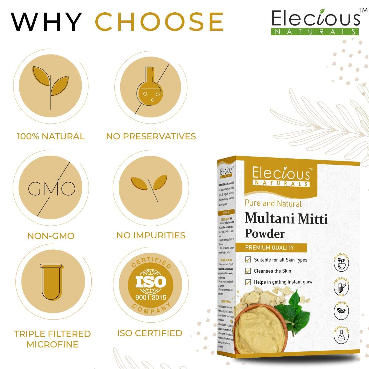 Elecious 100% Natural Multani Mitti powder for Exfoliating, Soothing, Nourishing, Smoothening Face, Skin and Hair Fuller's Earth, Bentonite Clay (200 Grams) – view 3