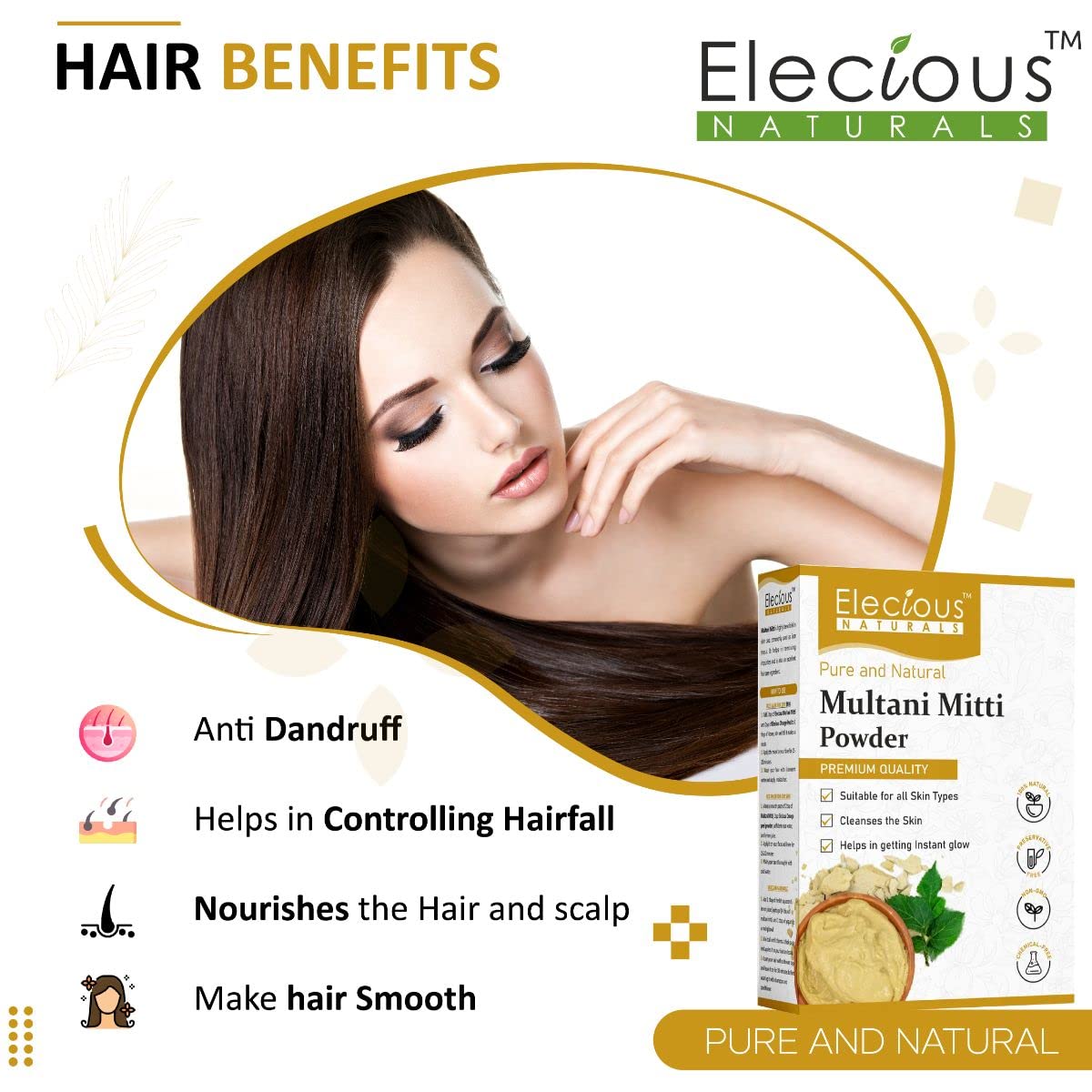 Elecious 100% Natural Multani Mitti powder for Exfoliating, Soothing, Nourishing, Smoothening Face, Skin and Hair Fuller's Earth, Bentonite Clay (200 Grams) – view 5