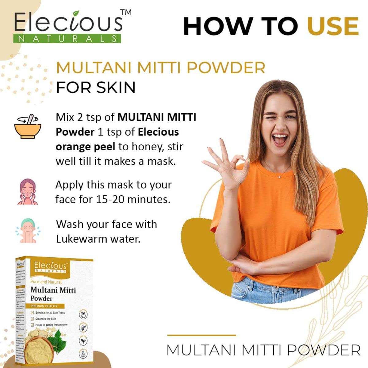 Elecious 100% Natural Multani Mitti powder for Exfoliating, Soothing, Nourishing, Smoothening Face, Skin and Hair Fuller's Earth, Bentonite Clay (200 Grams) – view 6