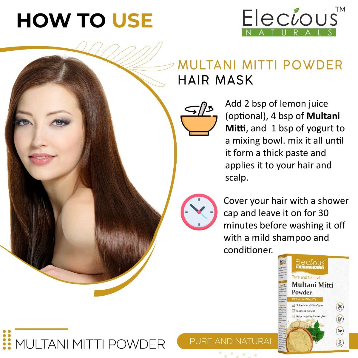 Elecious 100% Natural Multani Mitti powder for Exfoliating, Soothing, Nourishing, Smoothening Face, Skin and Hair Fuller's Earth, Bentonite Clay (200 Grams) – view 7