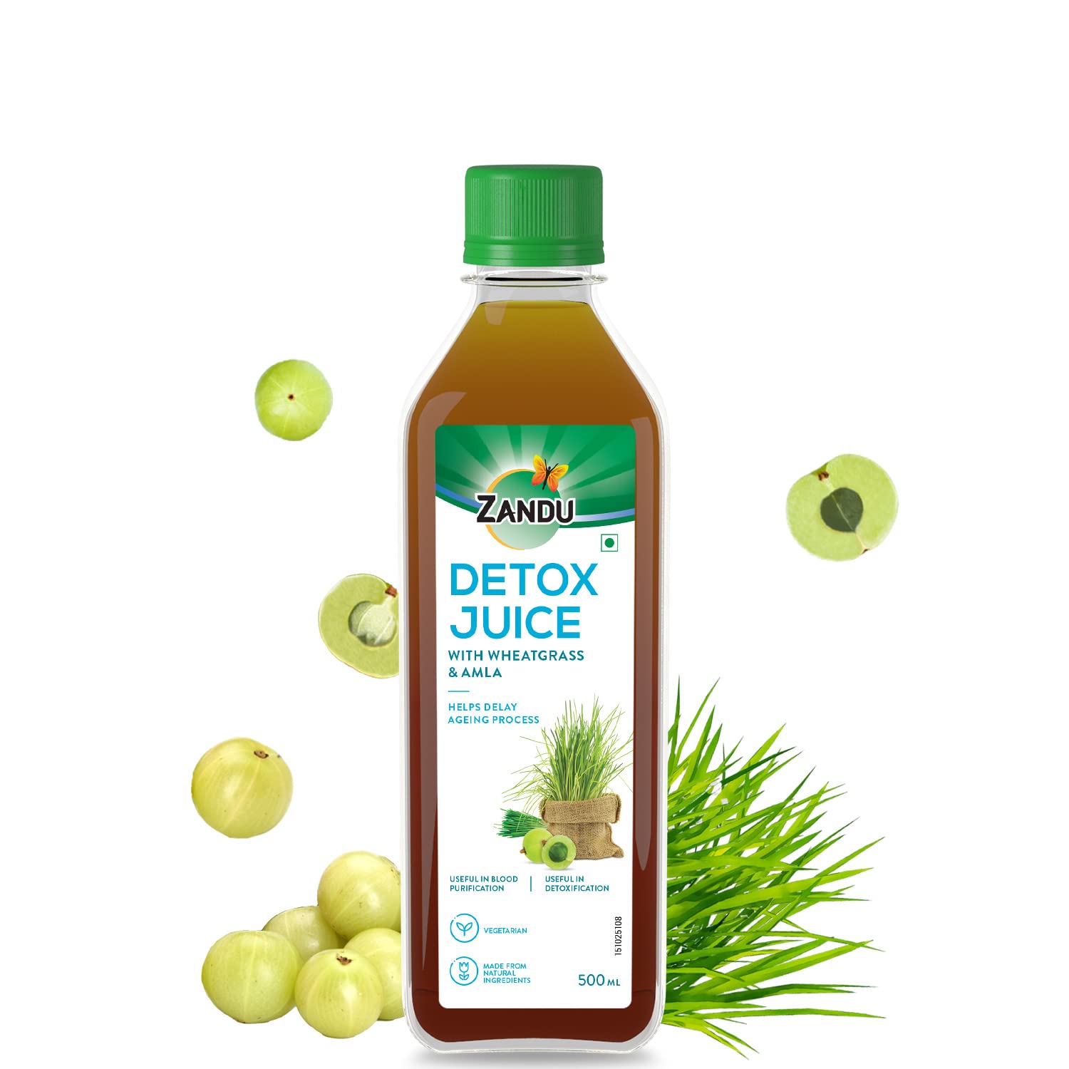 Front view of Zandu Detox Juice 500 ml bottle