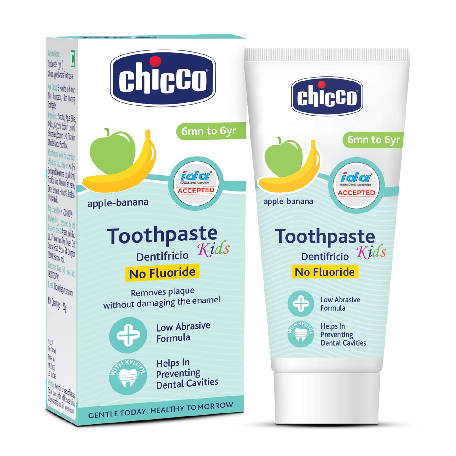 Chicco Toothpaste for Kids, Best for Baby (6m-6y), Apple-Banana Flavour, 50g | Fluoride-Free & Low Abrasive | Removes Plaque, Helps Prevent Cavities | IDA Accepted