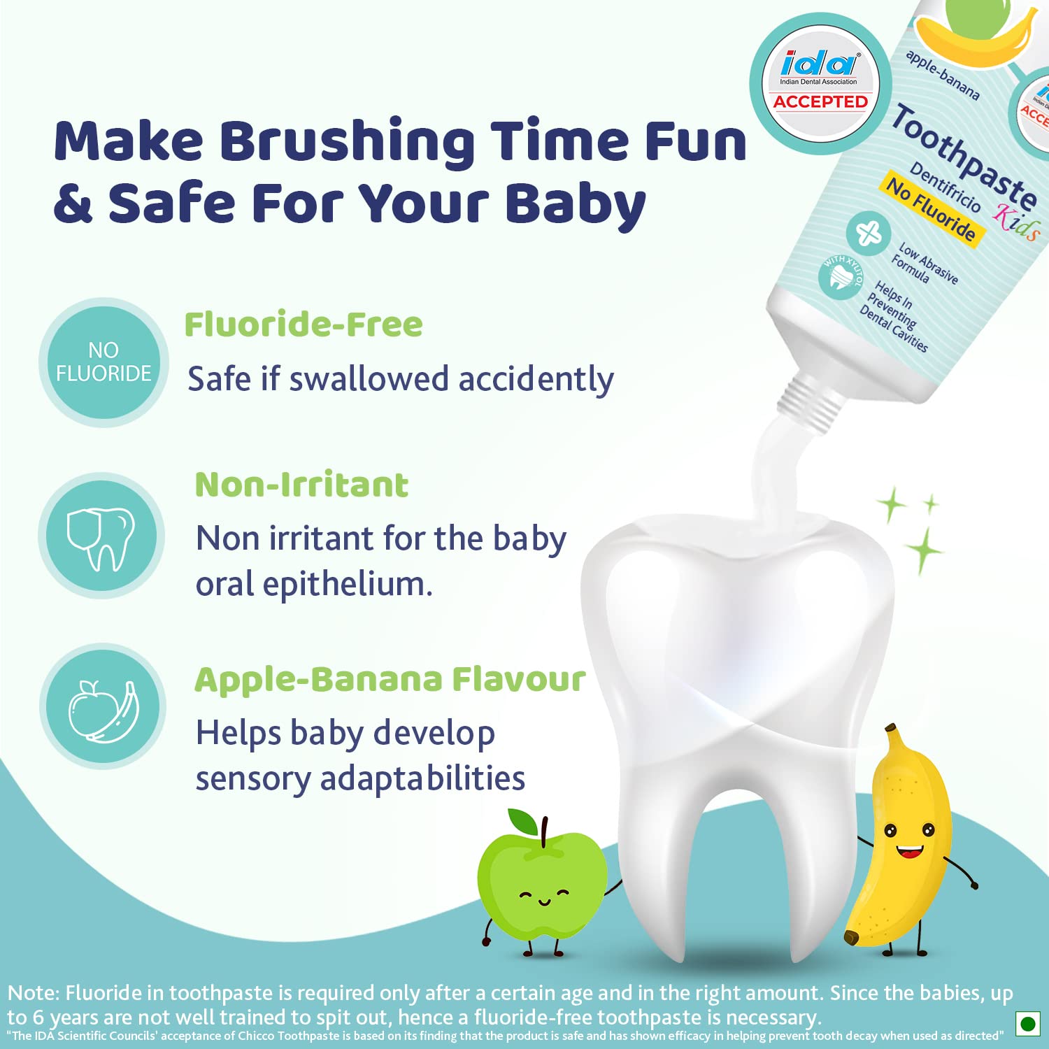 Chicco Toothpaste for Kids, Best for Baby (6m-6y), Apple-Banana Flavour, 50g – view 2