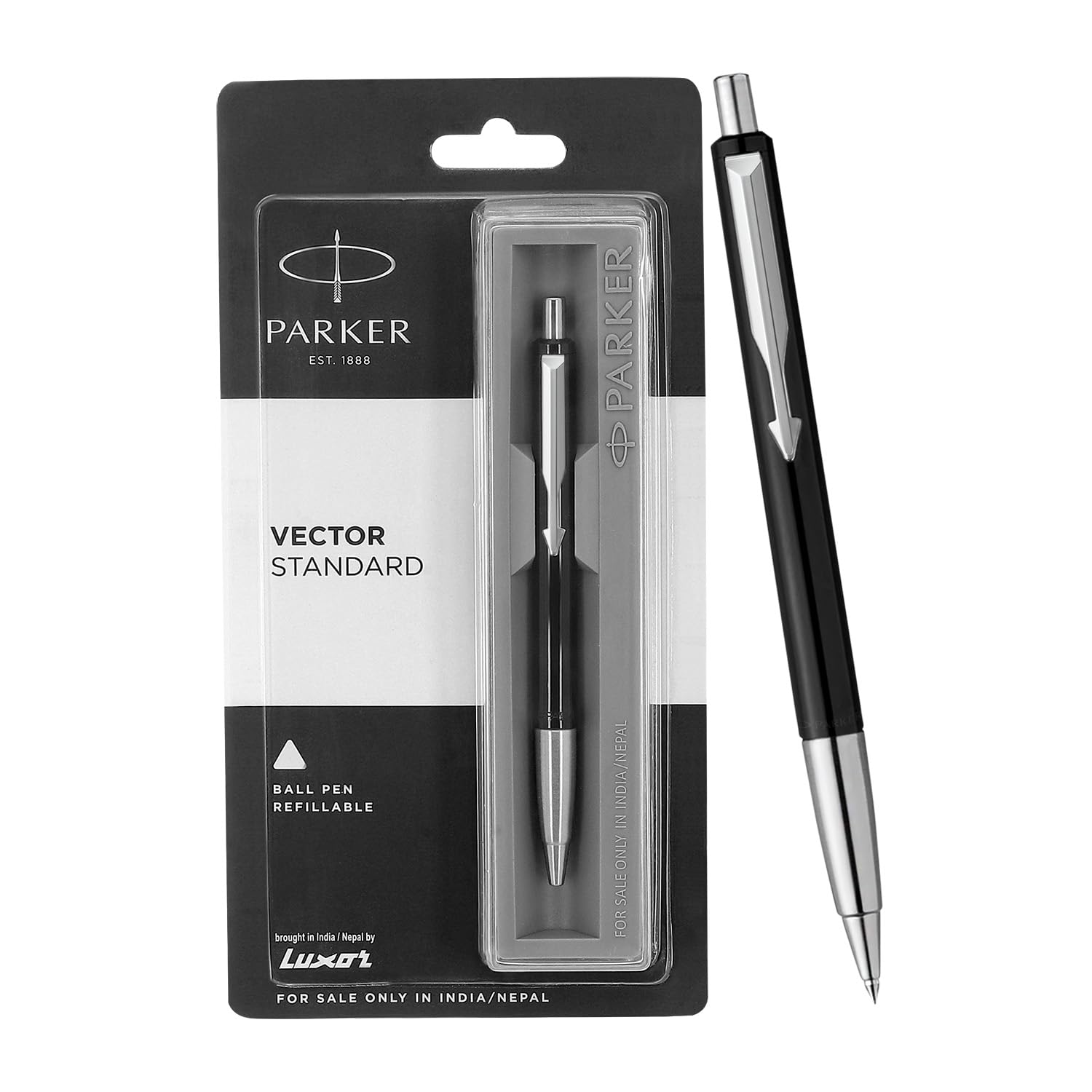 Black Parker Vector retractable ball pen with blue ink tip