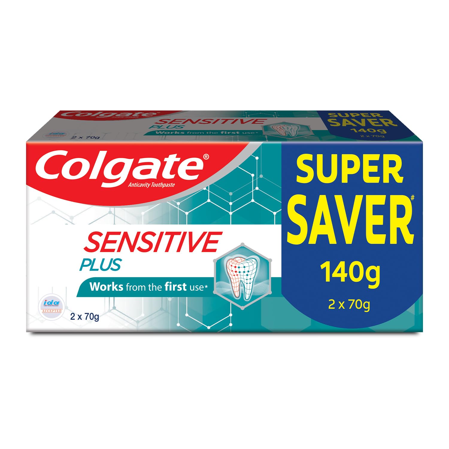 Front view of Colgate Sensitive Plus toothpaste 140g tube