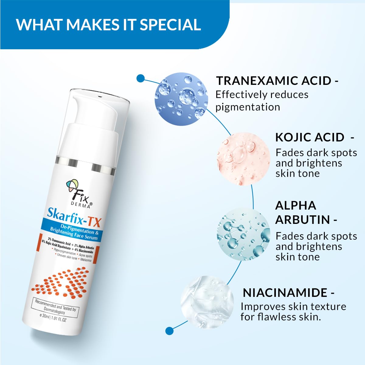 Fixderma Skarfix-TX Face Serum with 4% Kojic Acid, 4% Niacinamide Serum, 3% Tranexamic Acid & 2% Alpha Arbutin – view 3