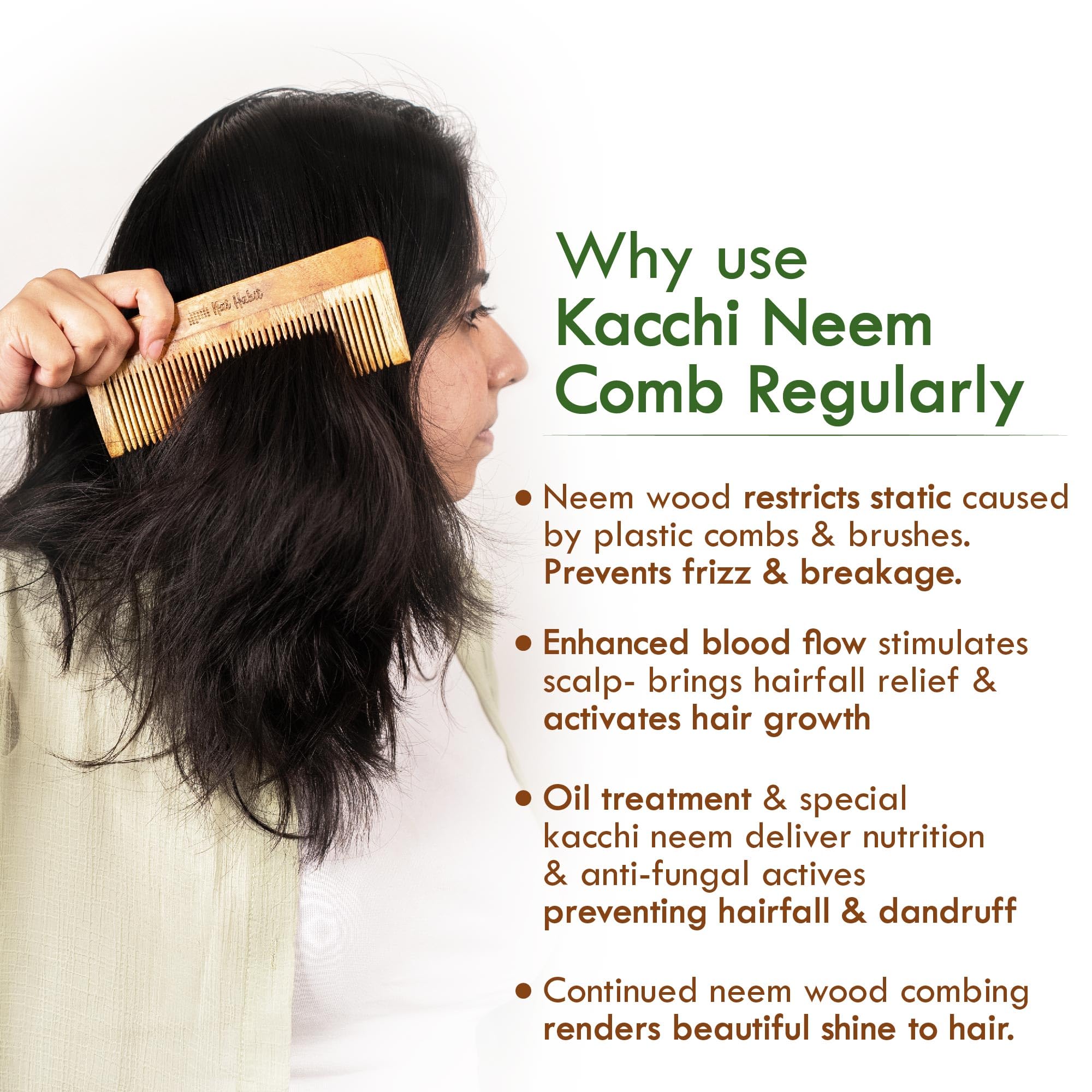 Nat Habit Kacchi Neem Comb Fine Tooth Styling & Wide Tooth Shampoo Combo (Pack of 2), Soaked In 17 Herbs, Neem & Sesame Oil, For Post Shampoo Detangling & Daily Styling, Suited For Short & Long Hair (Large Size) – view 3