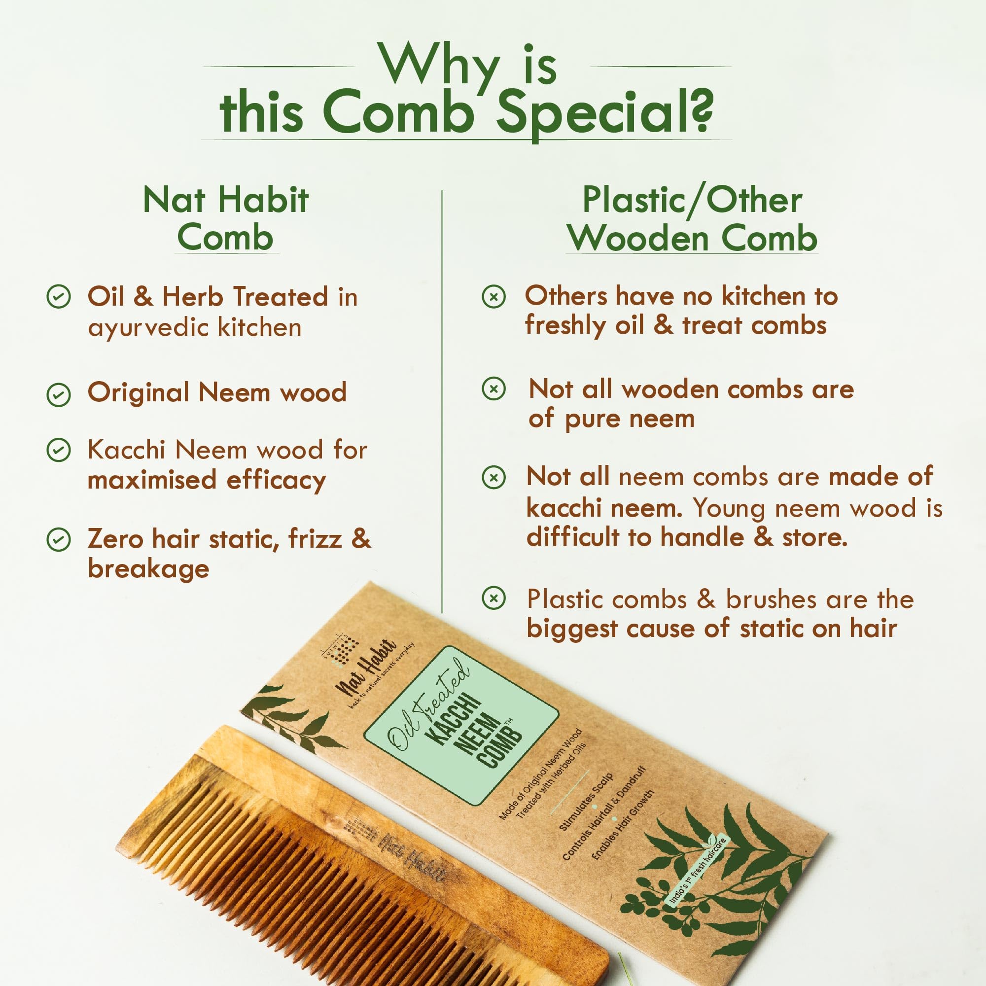 Nat Habit Kacchi Neem Comb Fine Tooth Styling & Wide Tooth Shampoo Combo (Pack of 2), Soaked In 17 Herbs, Neem & Sesame Oil, For Post Shampoo Detangling & Daily Styling, Suited For Short & Long Hair (Large Size) – view 5