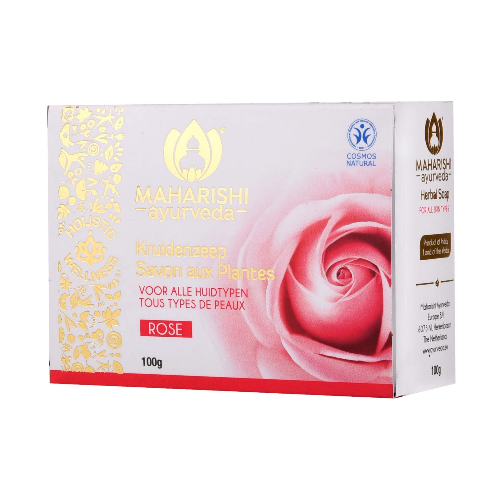 Front view of Maharishi Ayurveda Rose Herbal Soap box and bar