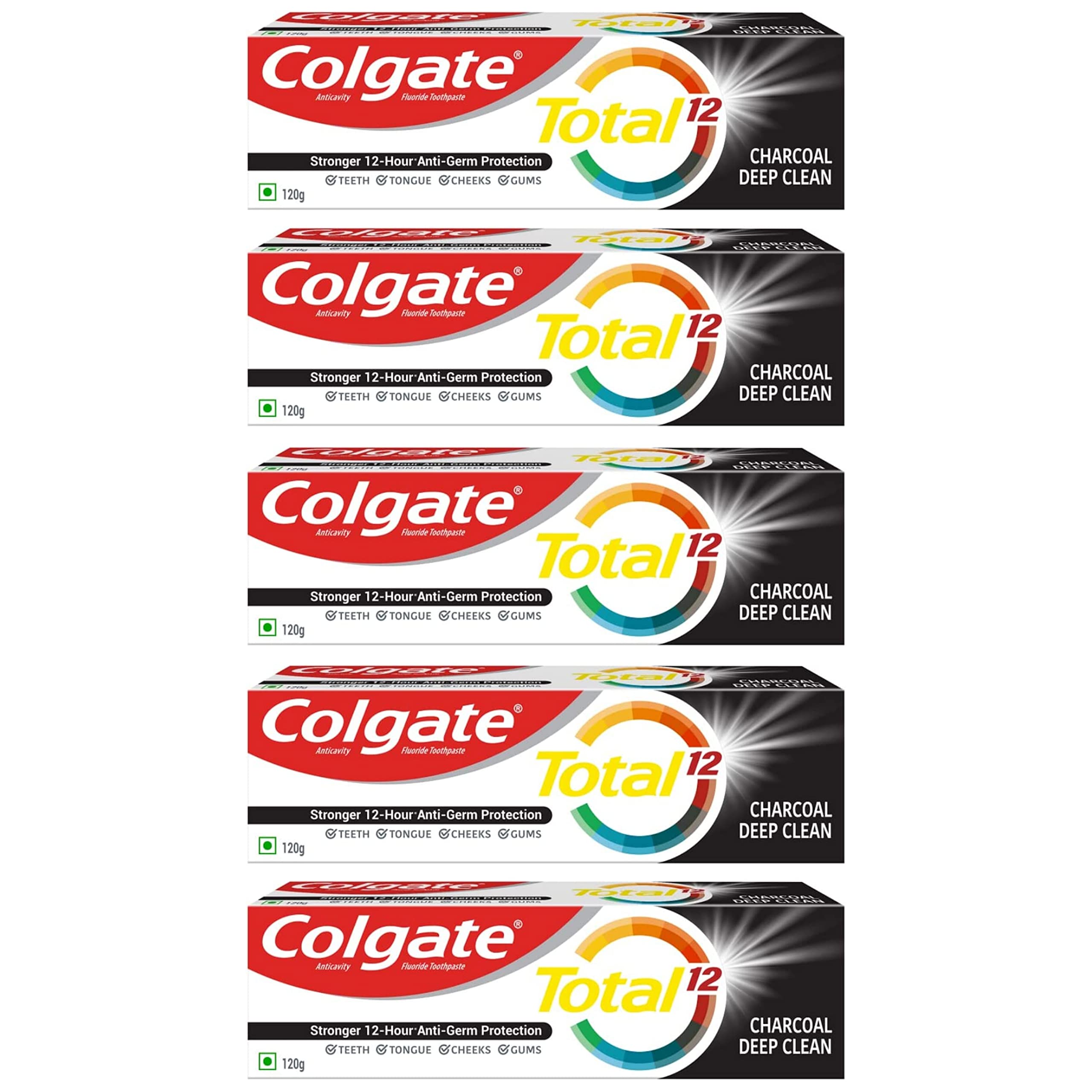 Five tubes of Colgate Total 12 charcoal deep clean toothpaste