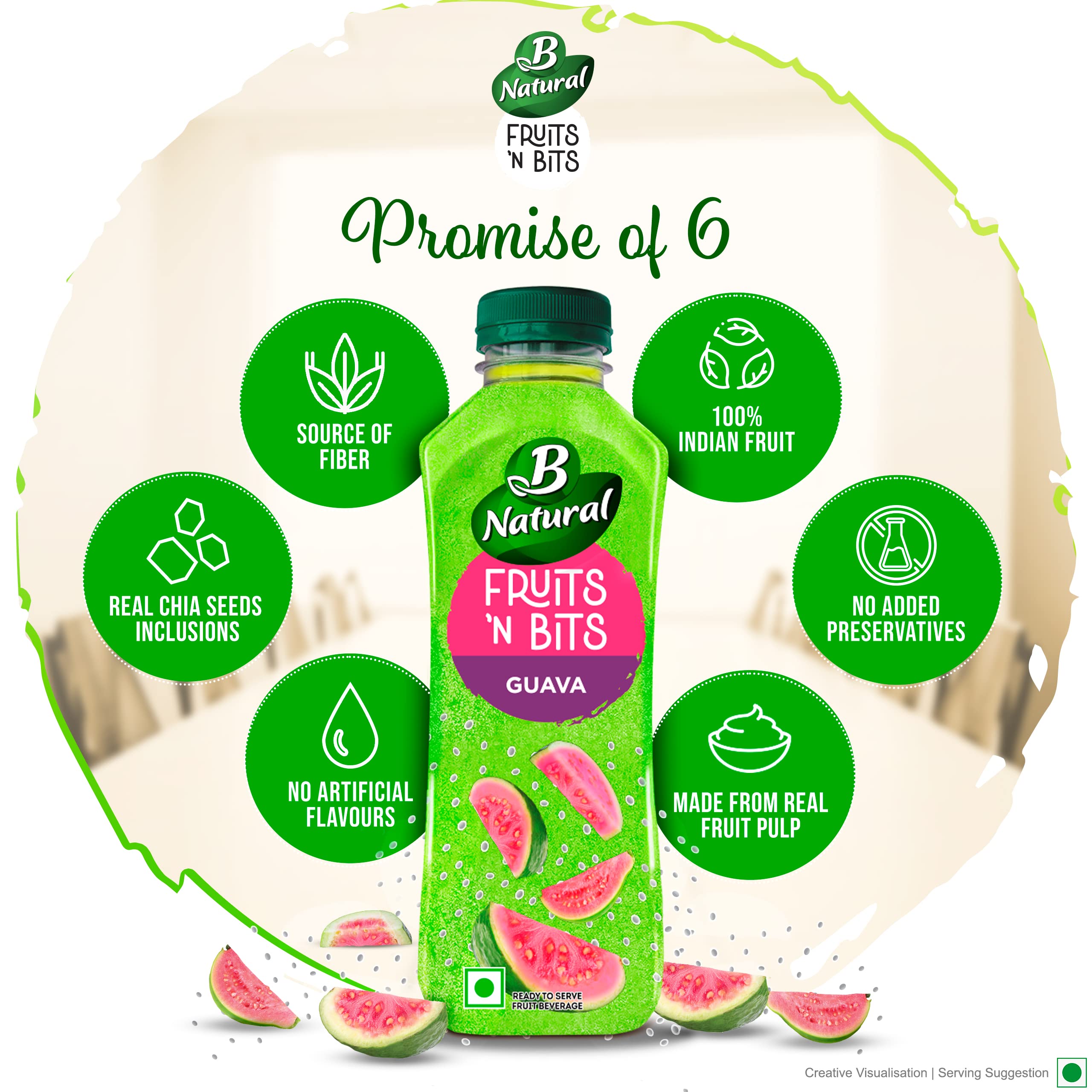 B Natural Fruits N Bits Guava, Infused with Real Chia Seeds, 300ml, 100% Indian Fruit, 0% Concentrate, Goodness of Fiber, No Added Preservatives – view 5