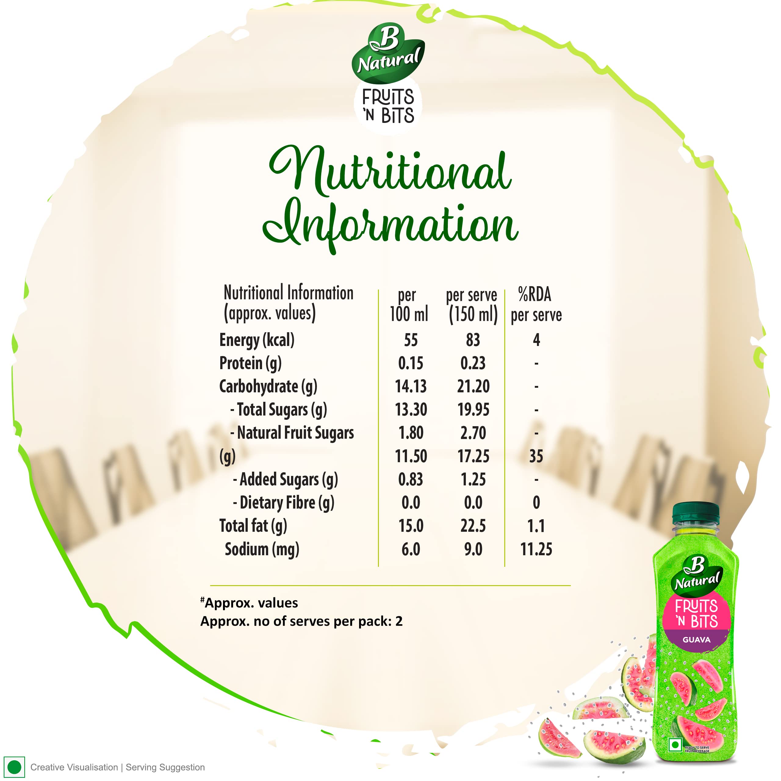 B Natural Fruits N Bits Guava, Infused with Real Chia Seeds, 300ml, 100% Indian Fruit, 0% Concentrate, Goodness of Fiber, No Added Preservatives – view 7