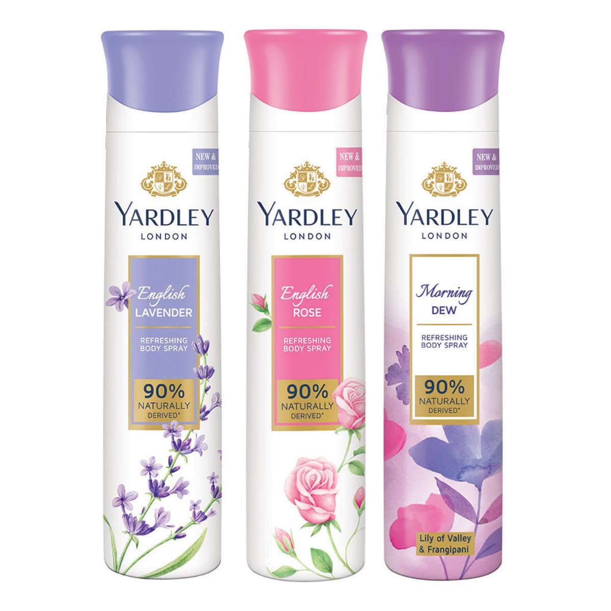 Three Yardley London deo body sprays for women in 150 ml cans