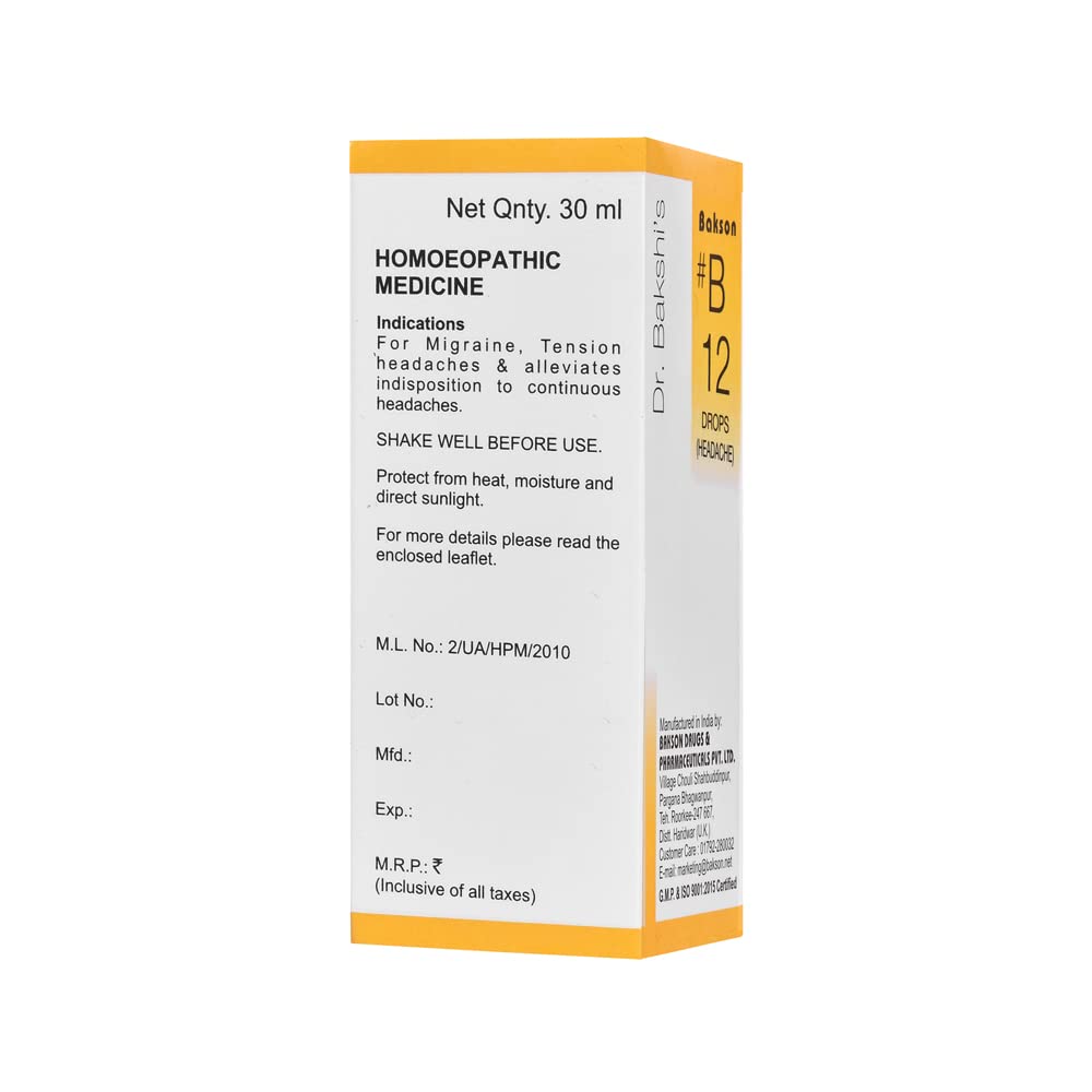 Dr. Bakshi's BAKSON'S HOMOEOPATHY # B 12 Headache Drops (30 Ml) - 1 Count – view 2