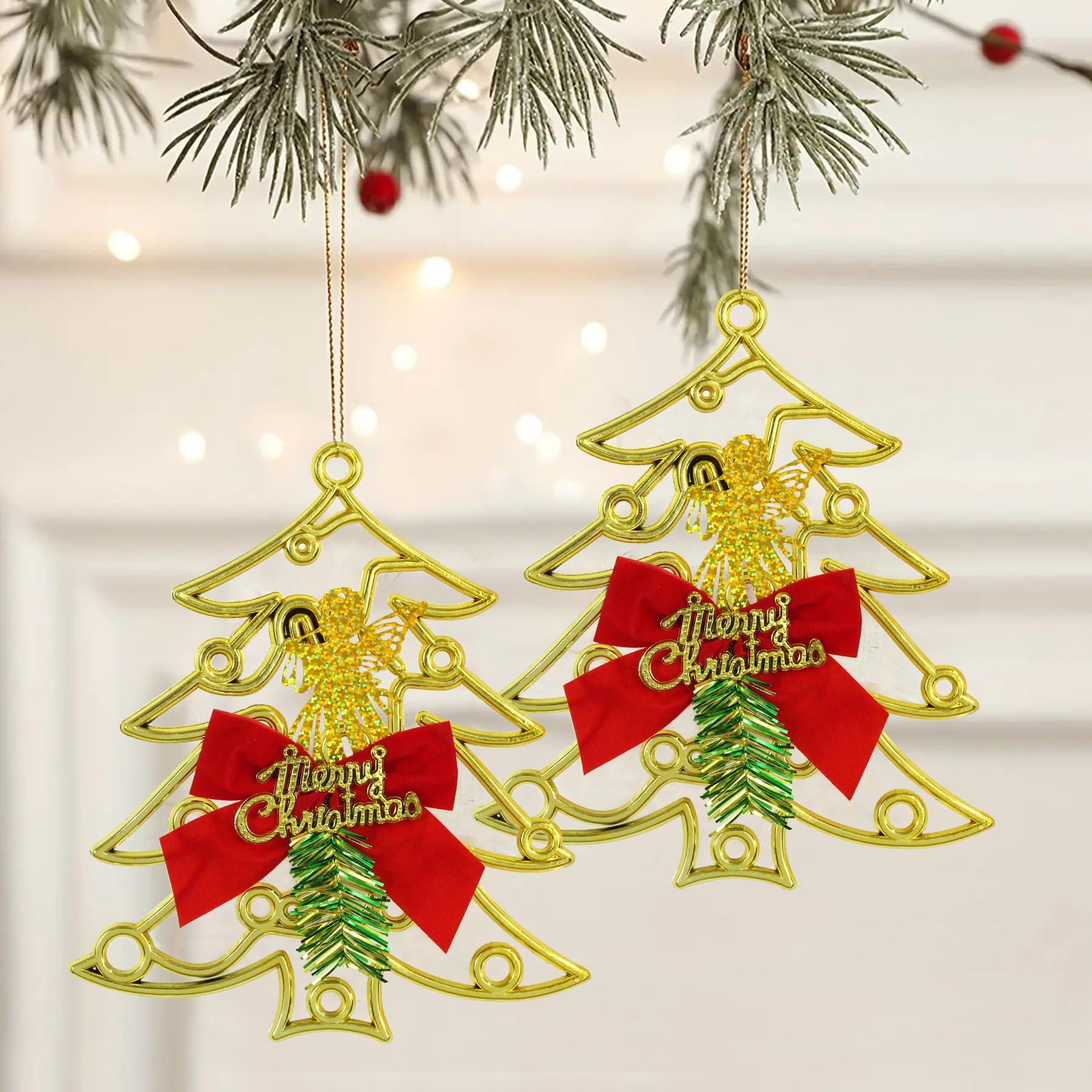 TIED RIBBONS Set of 2 Christmas Hanging Tree (Big, 22.8 cm x 19 cm) for Decoration Items Wall Door Tree Hanging Ornaments Props Xmas Accessories - Golden Christmas Décor for Home – view 7
