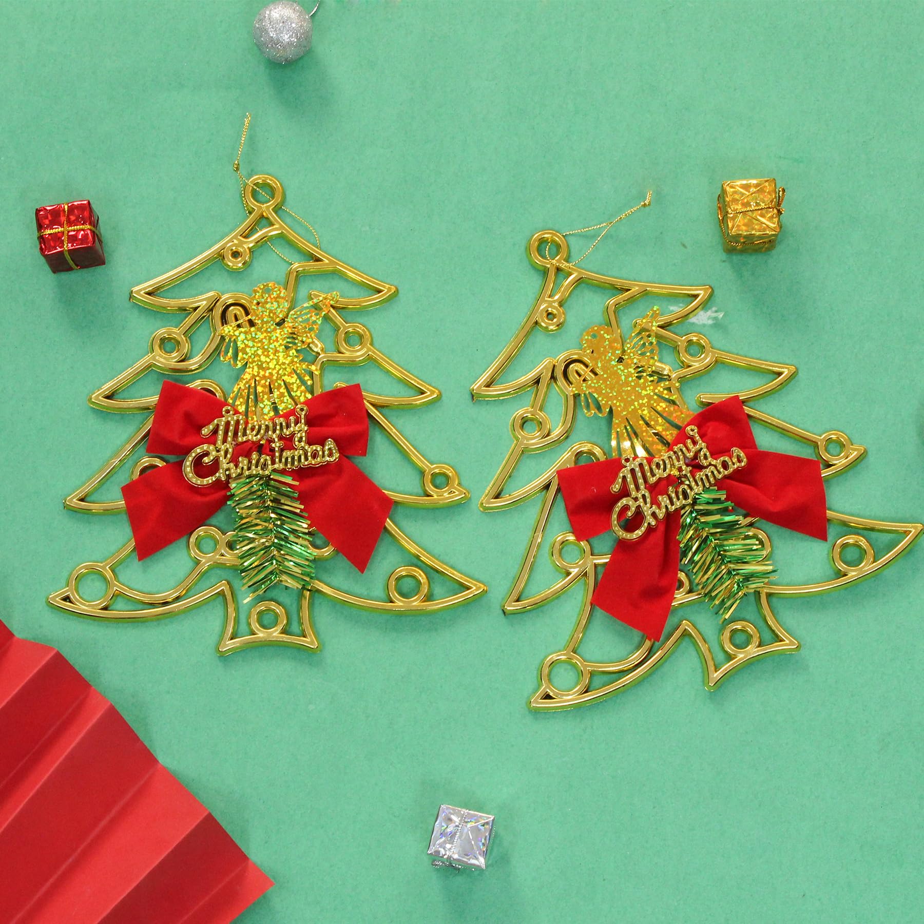 TIED RIBBONS Set of 2 Christmas Hanging Tree (Big, 22.8 cm x 19 cm) for Decoration Items Wall Door Tree Hanging Ornaments Props Xmas Accessories - Golden Christmas Décor for Home – view 8