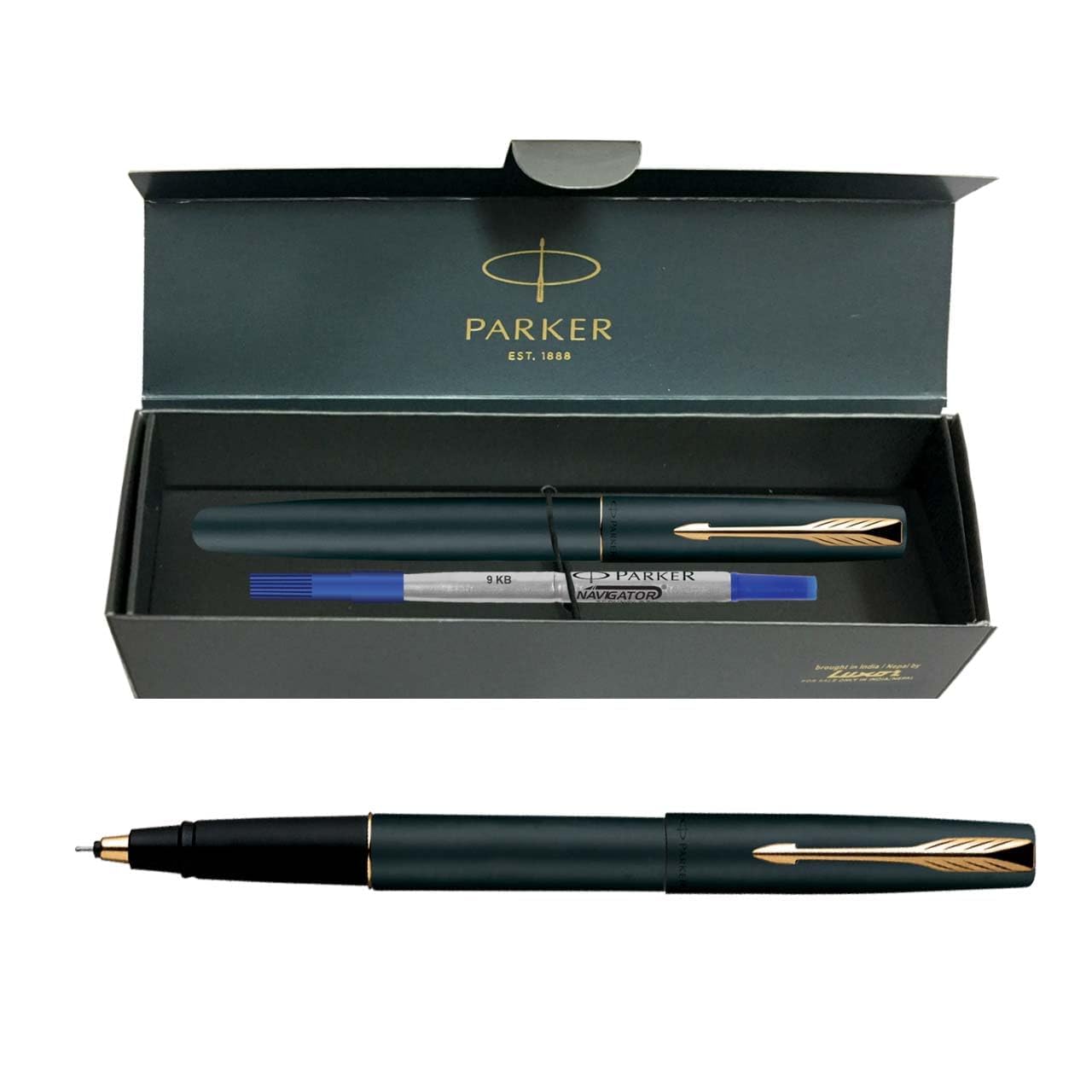 Matte black Parker rollerball pen with gold trim close-up