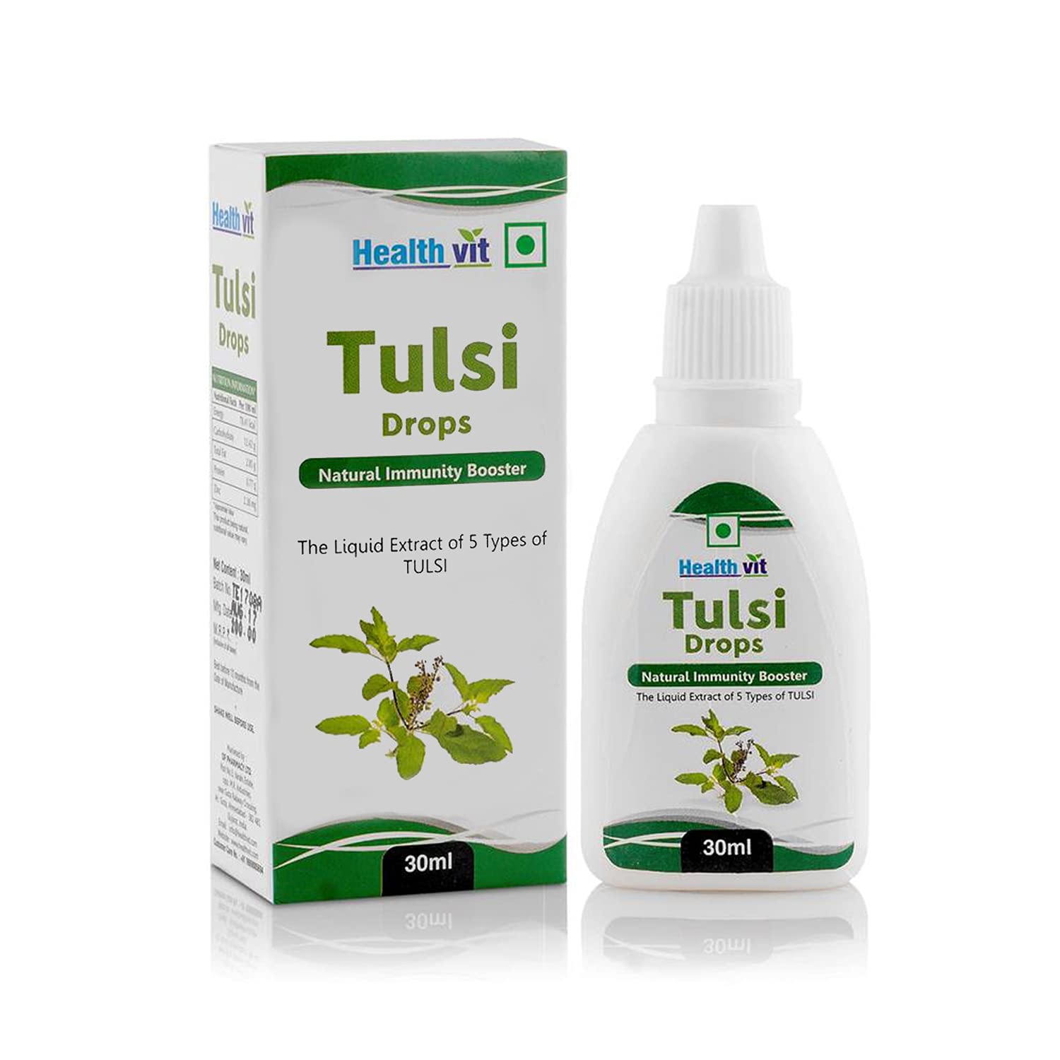 HealthVit tulsi drops bottle pack shot, 30 ml liquid supplement